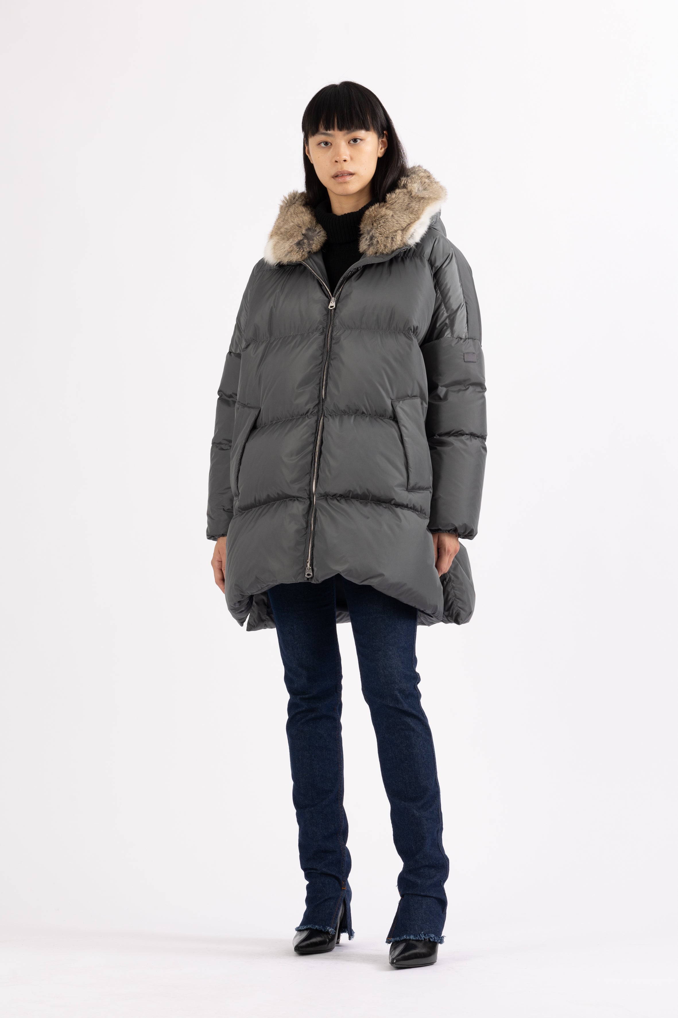 LEMPELIUS oversized duck down parka in iron grey with fur hood