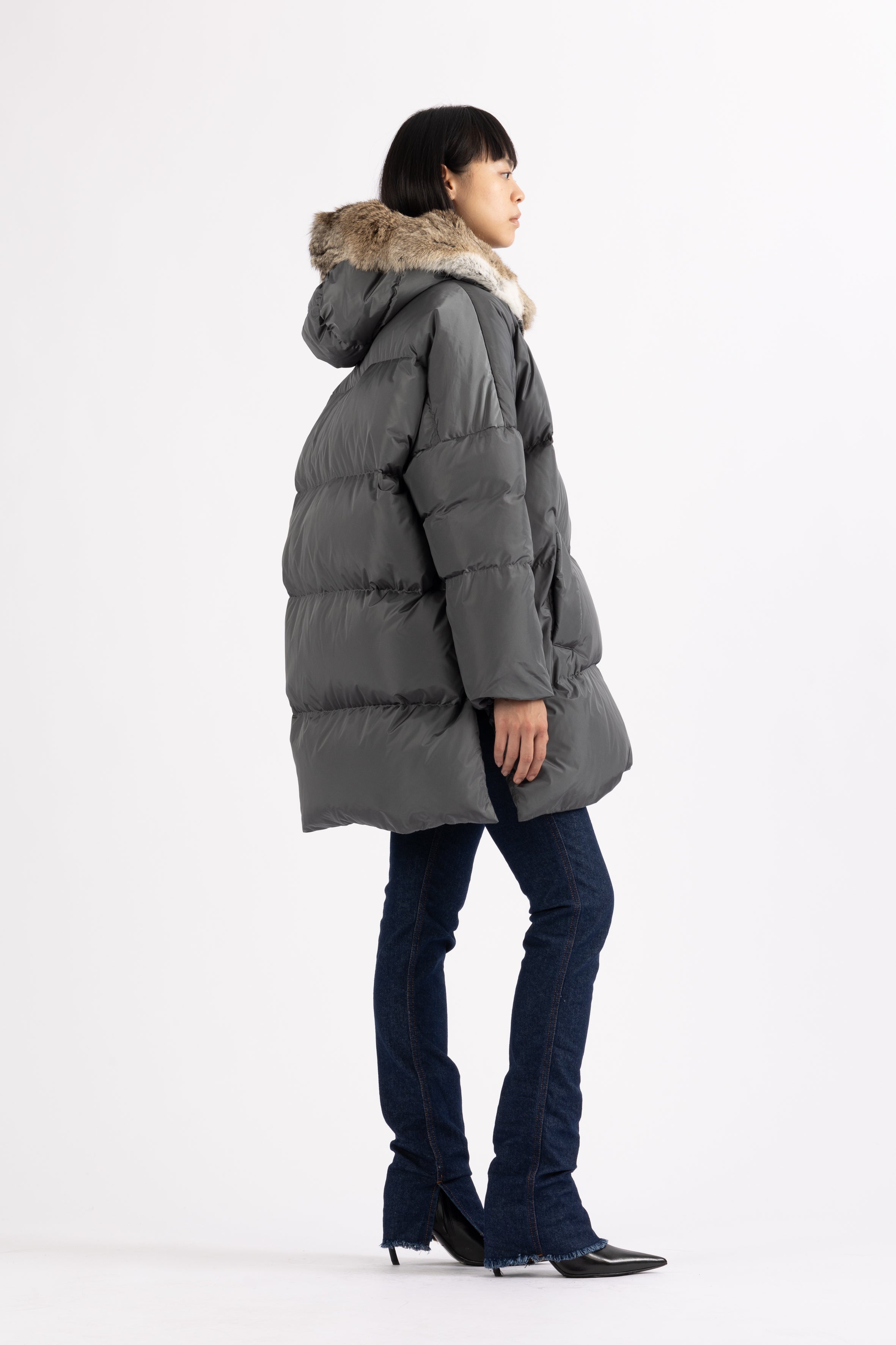 LEMPELIUS oversized duck down parka in iron grey with fur hood