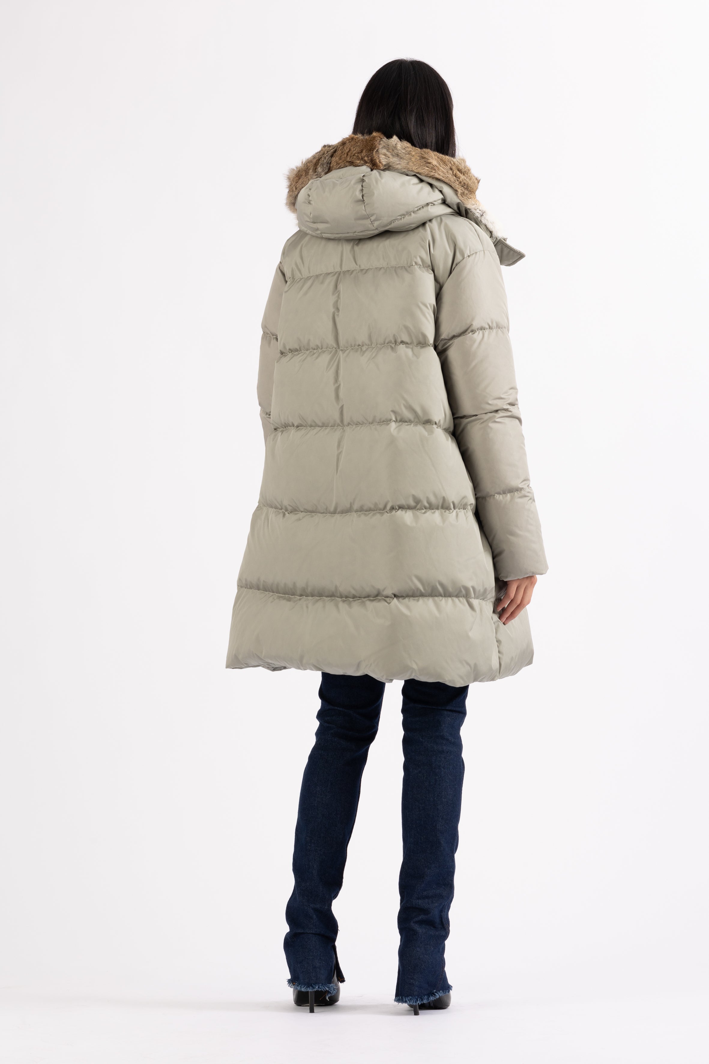 Minimal Lempelius down coat with rabbit fur hood in misty grey