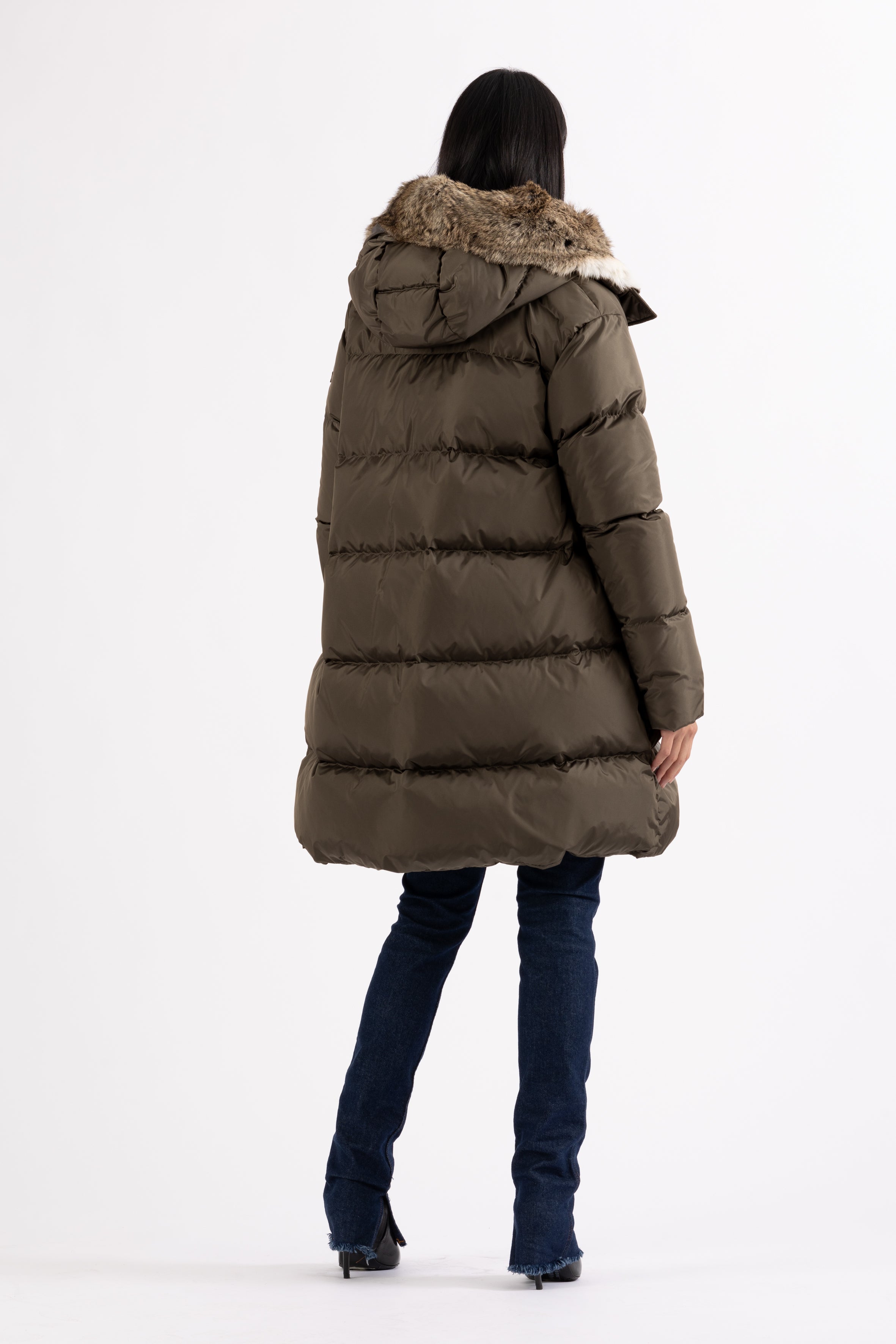 Minimal Lempelius down coat with rabbit fur hood