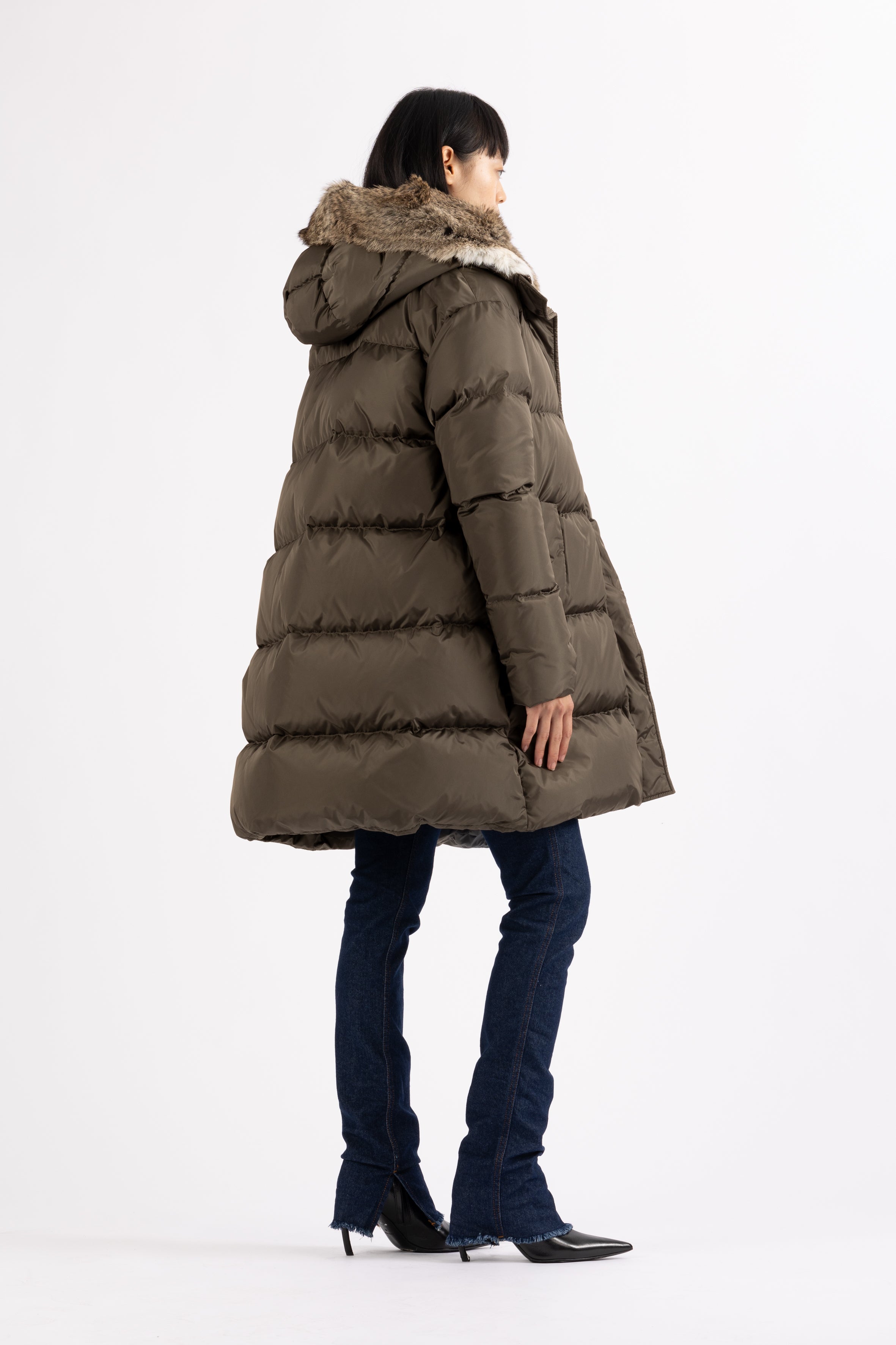 Minimal Lempelius down coat with rabbit fur hood