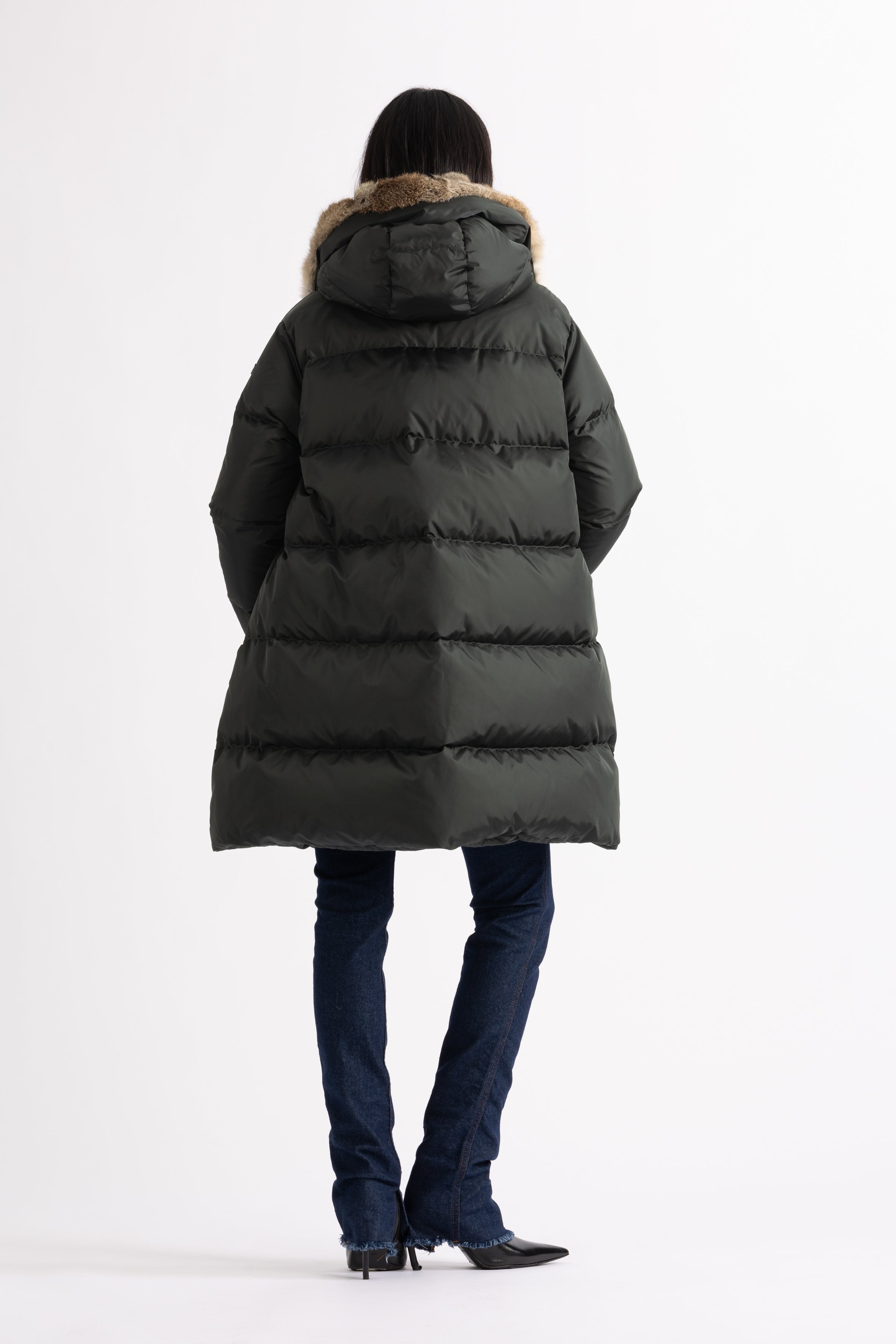 Minimal Lempelius down coat with rabbit fur hood