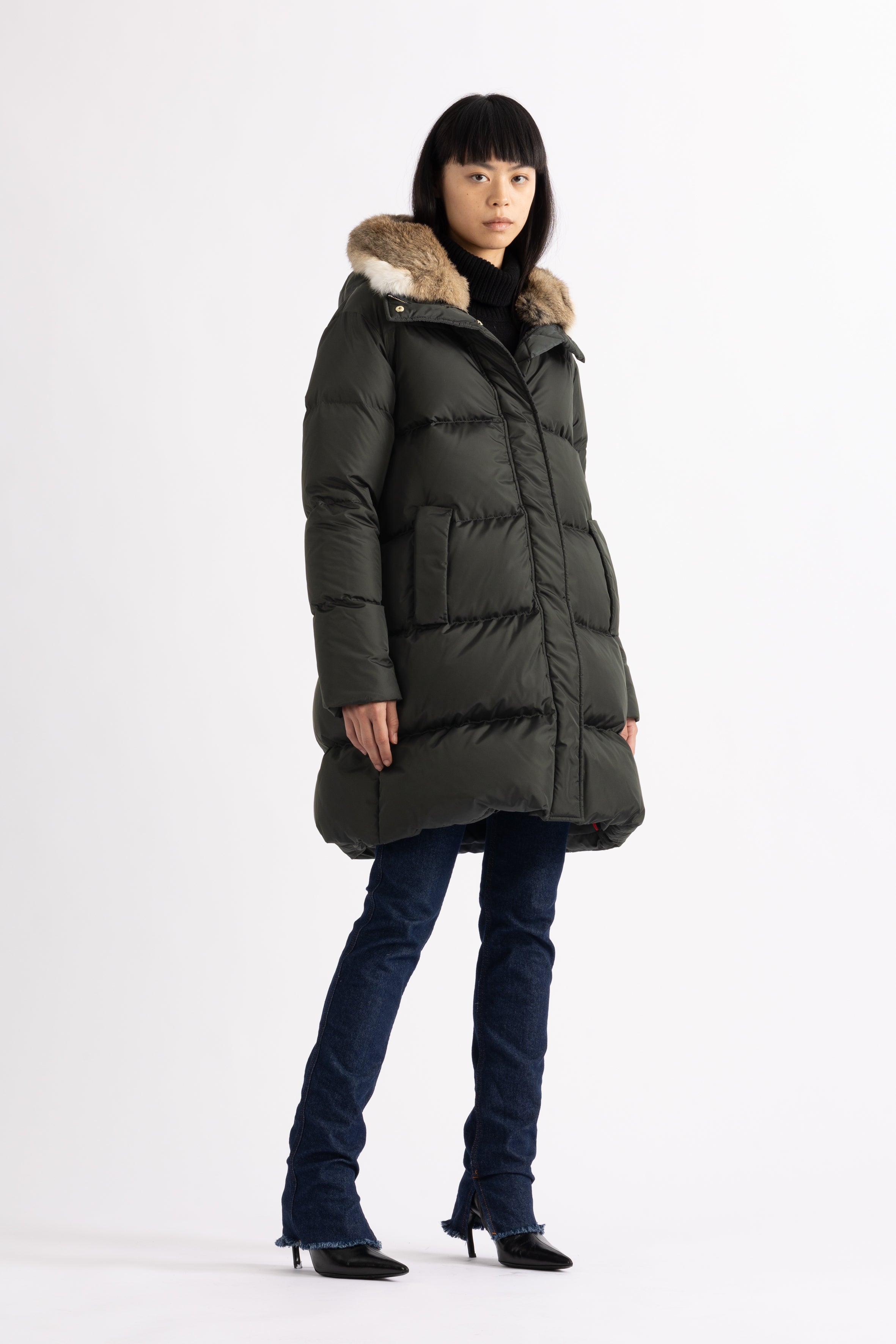 Minimal Lempelius down coat with rabbit fur hood