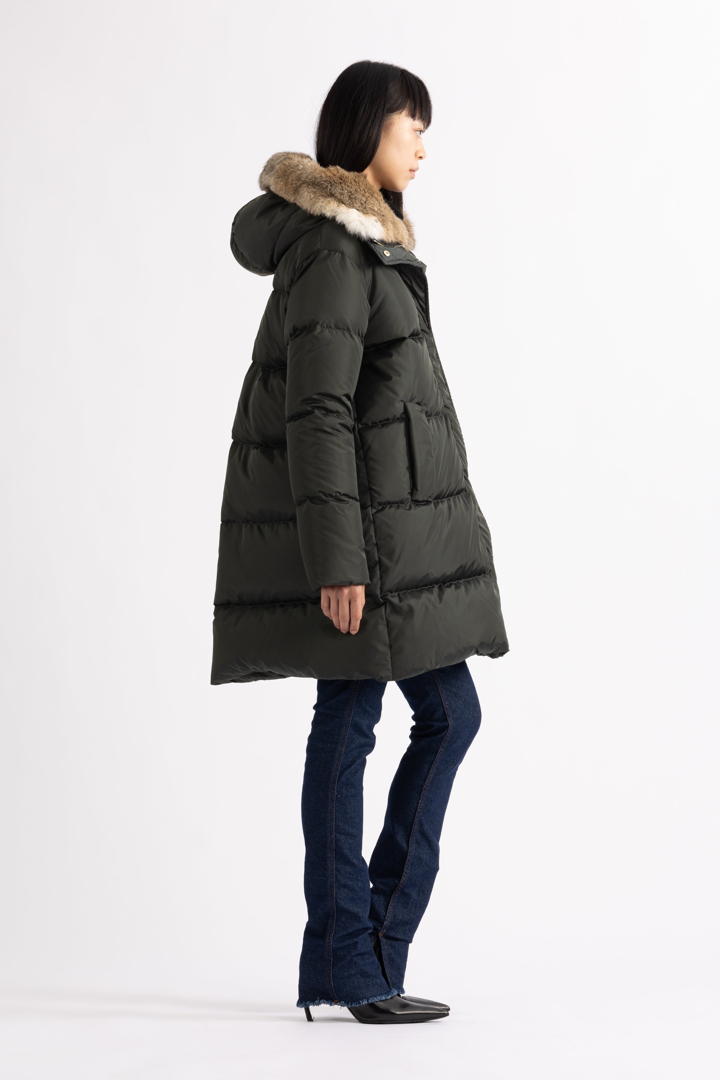 Minimal Lempelius down coat with rabbit fur hood