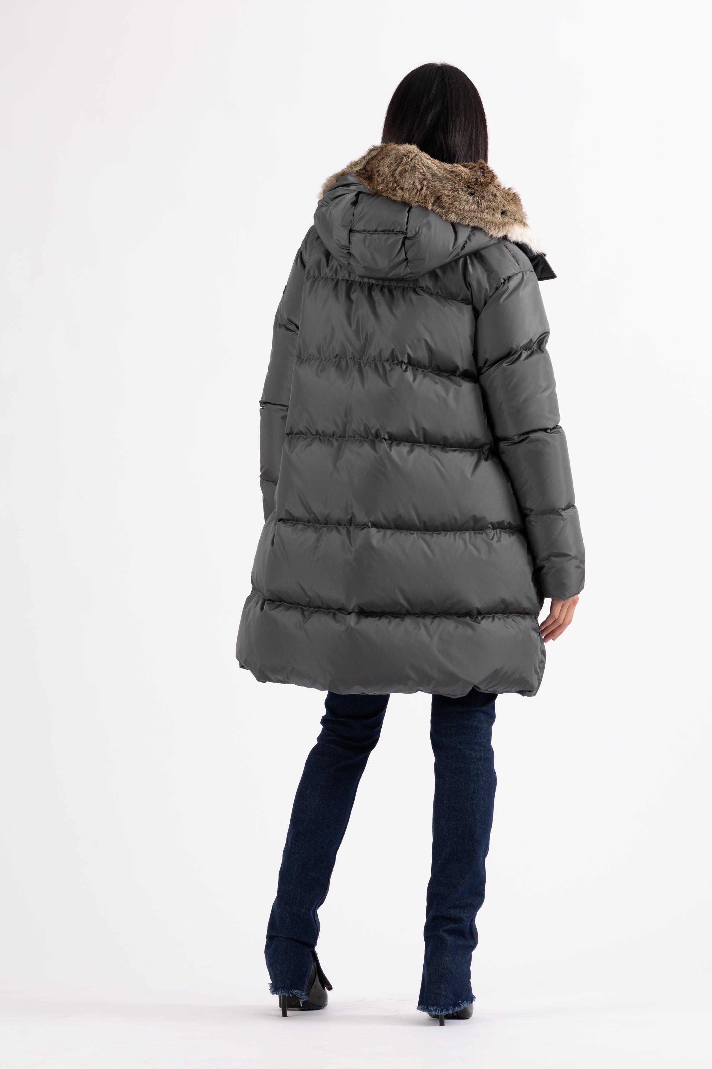 Minimal Lempelius down coat with rabbit fur hood