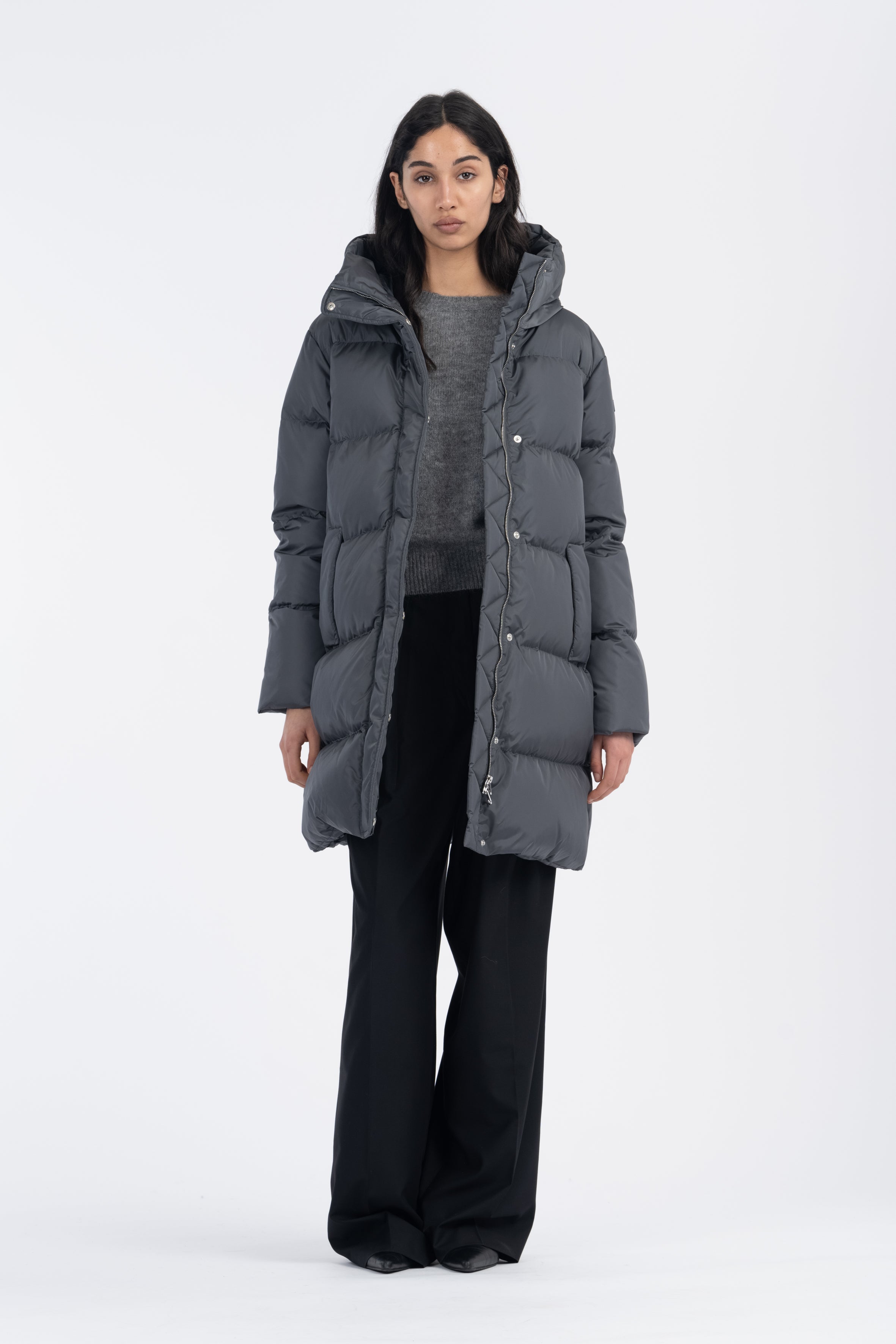 LEMPELIUS nylon duck down coat in iron grey 