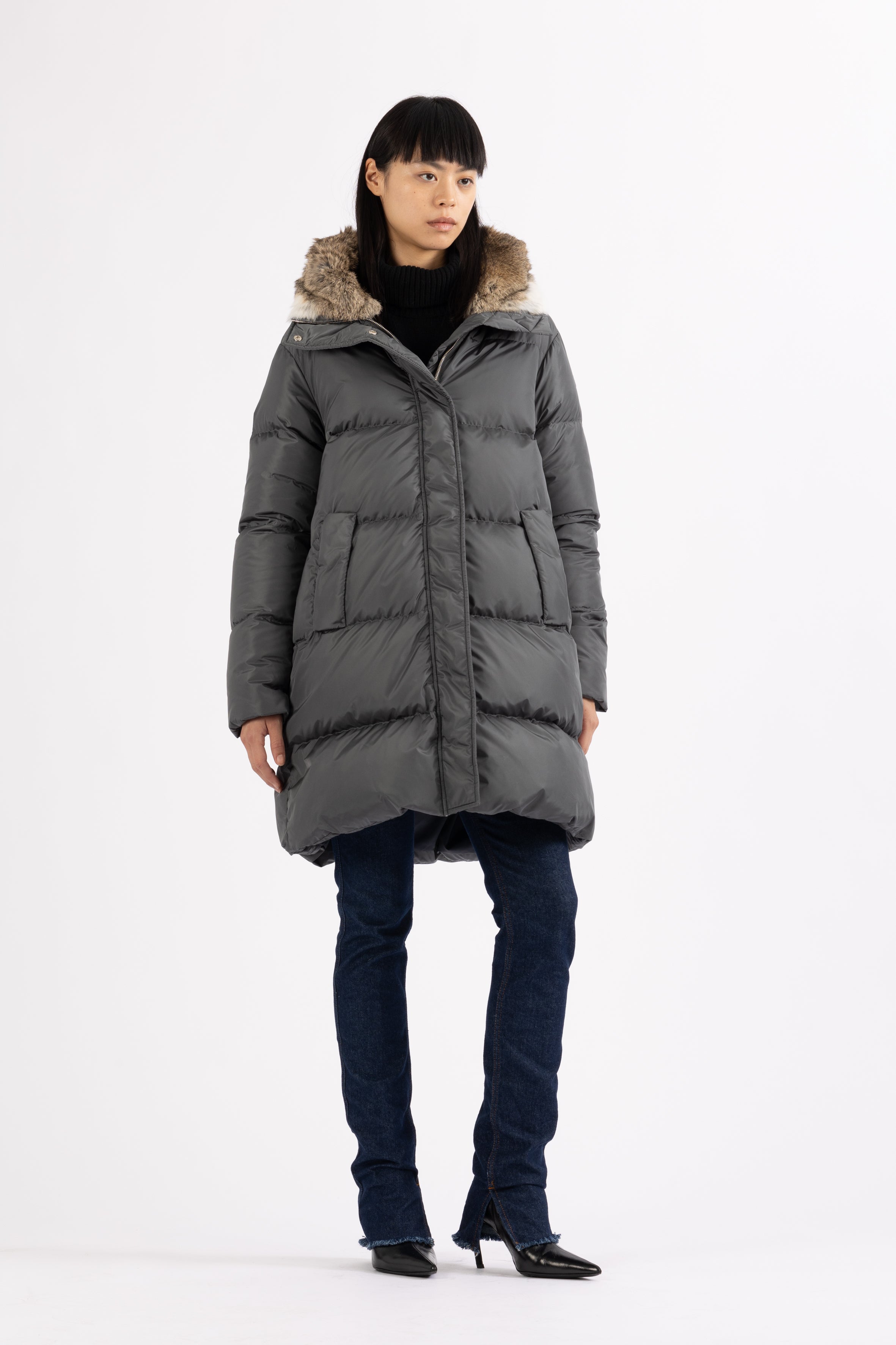 Minimal Lempelius down coat with rabbit fur hood