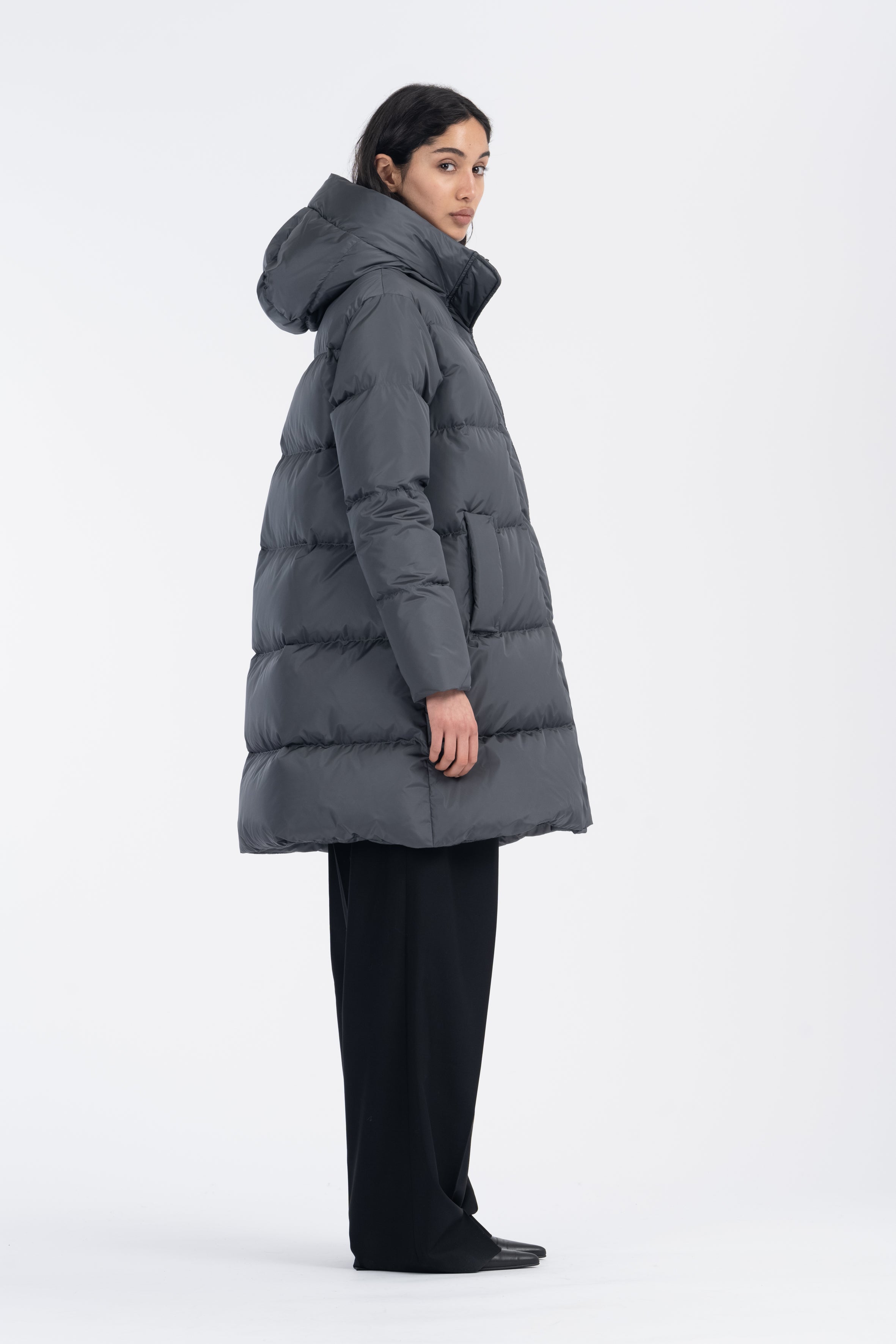 LEMPELIUS nylon duck down coat in iron grey 