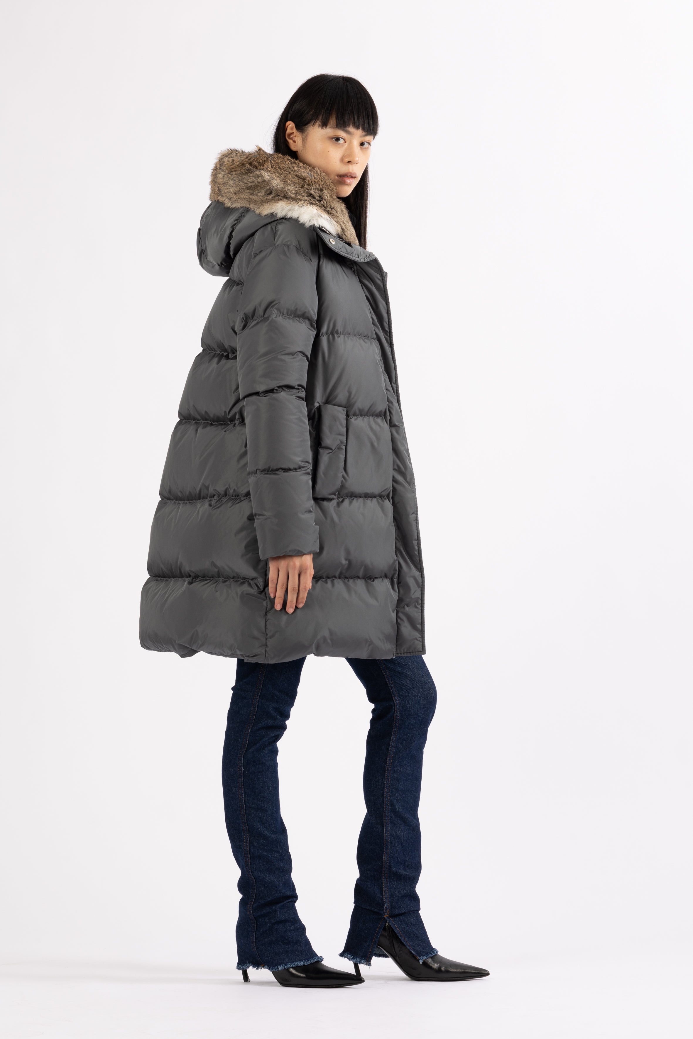 Minimal Lempelius down coat with rabbit fur hood