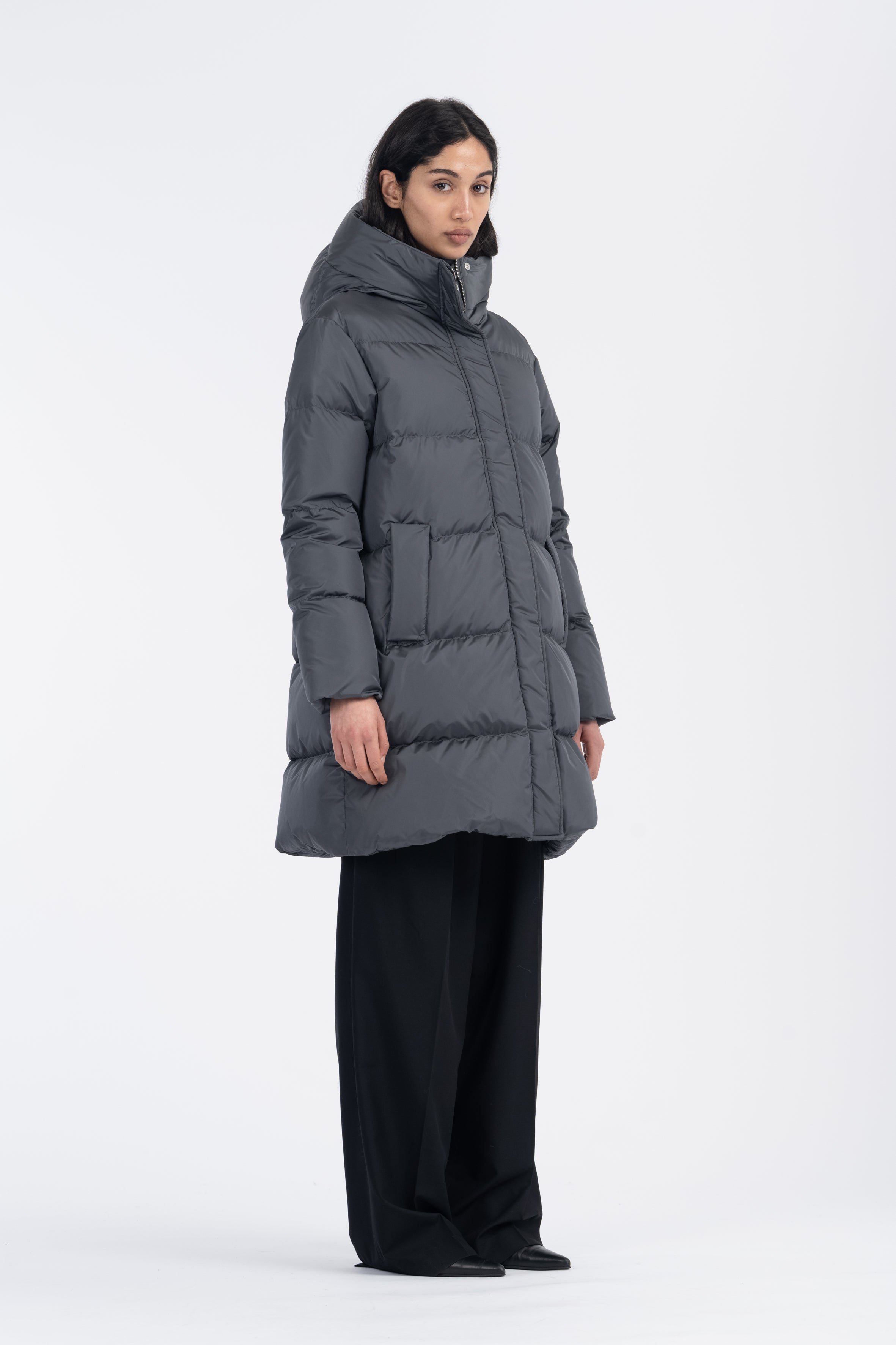 LEMPELIUS nylon duck down coat in iron grey 