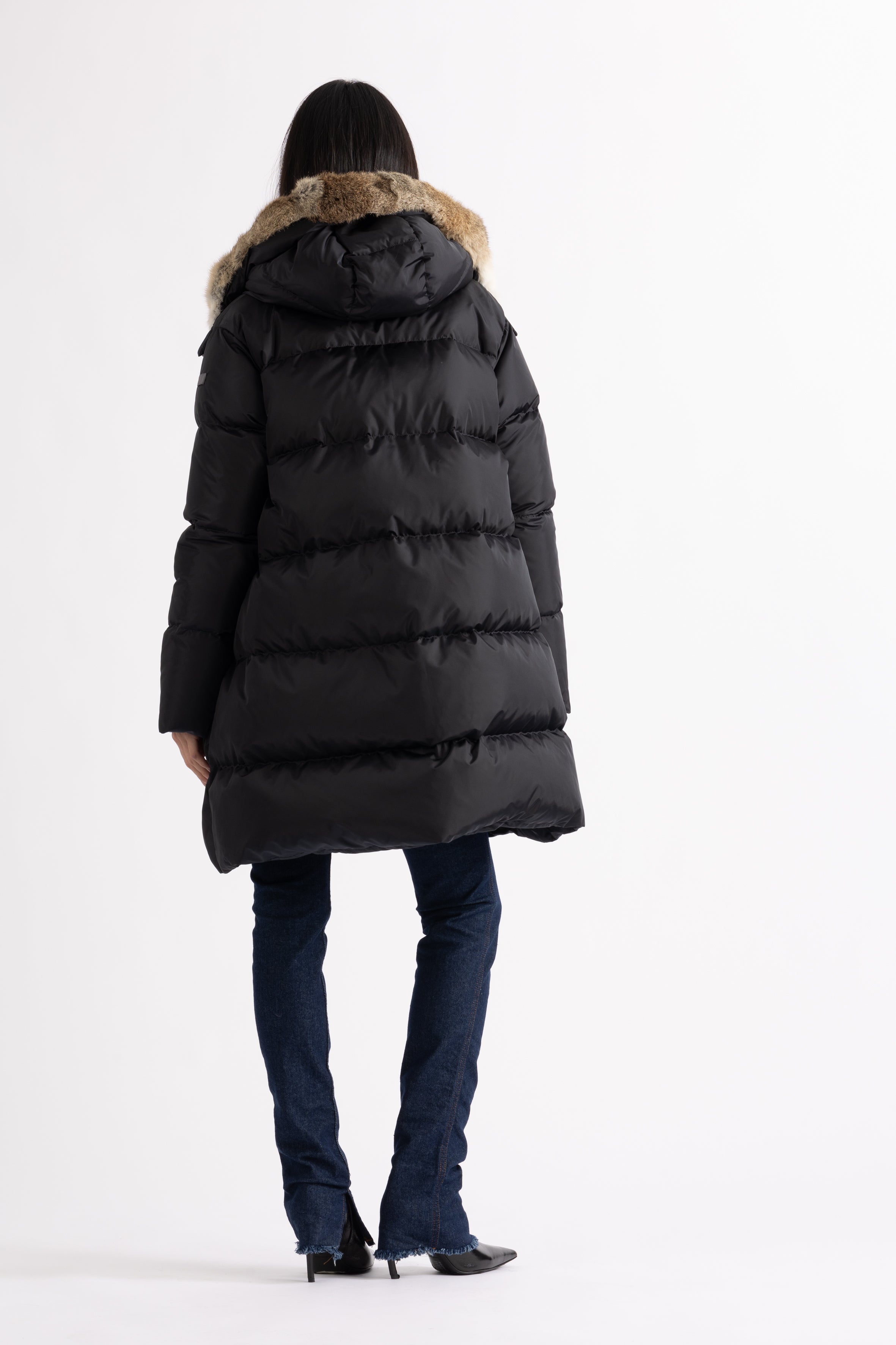 Minimal Lempelius down coat with rabbit fur hood in black