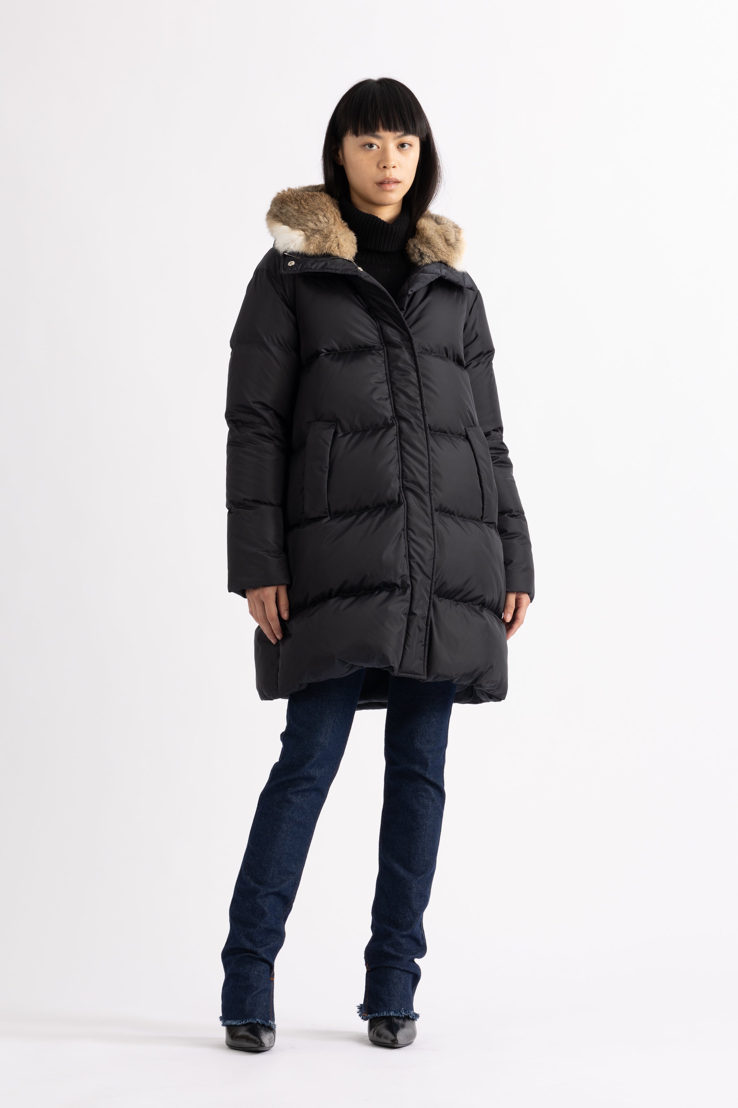 Minimal Lempelius down coat with rabbit fur hood in black