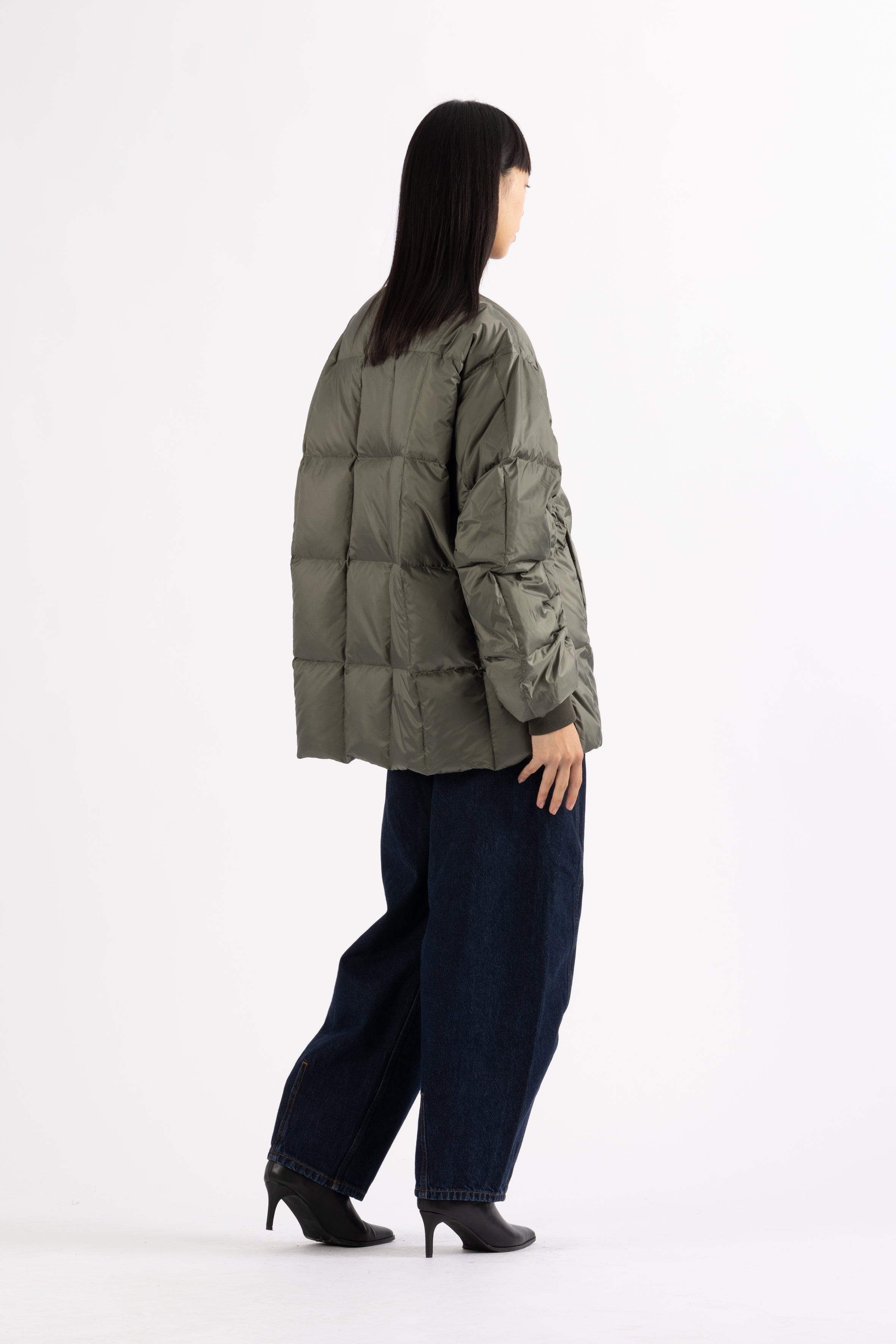 LEMPELIUS silky nylon light down jacket in muted green 