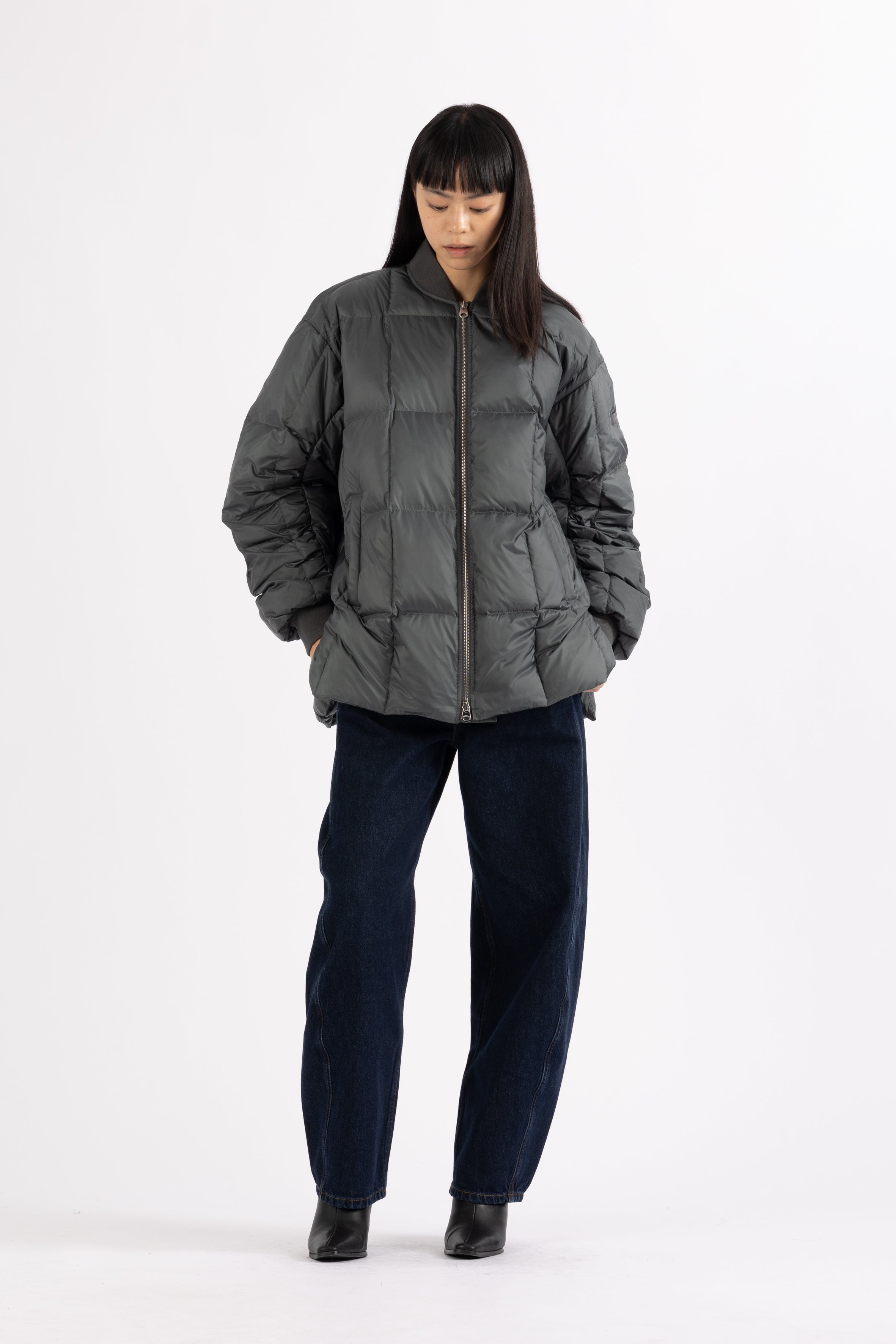 LEMPELIUS silky nylon light down jacket in iron grey