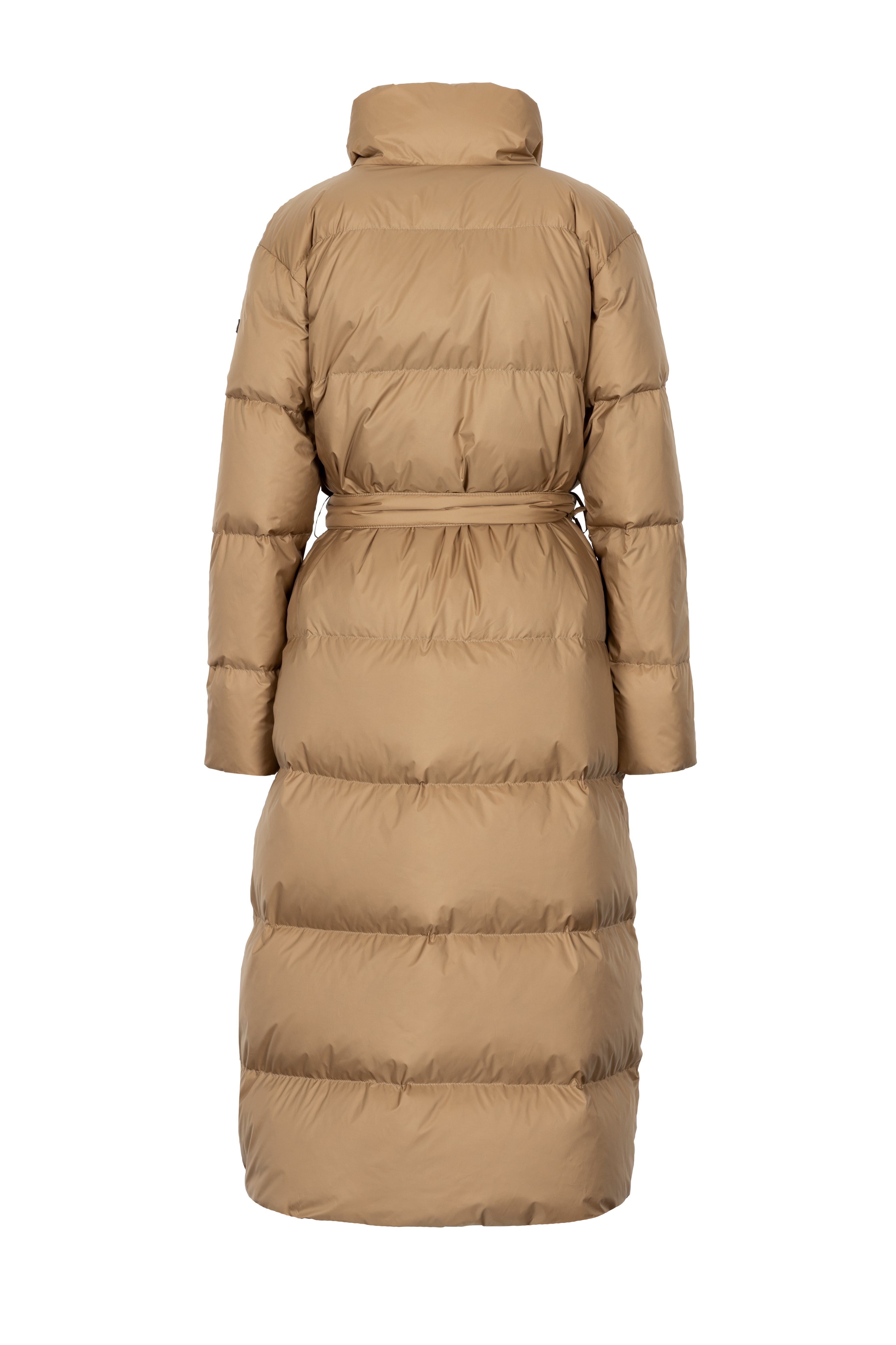 Long belted Lempelius down coat in the color biscuit