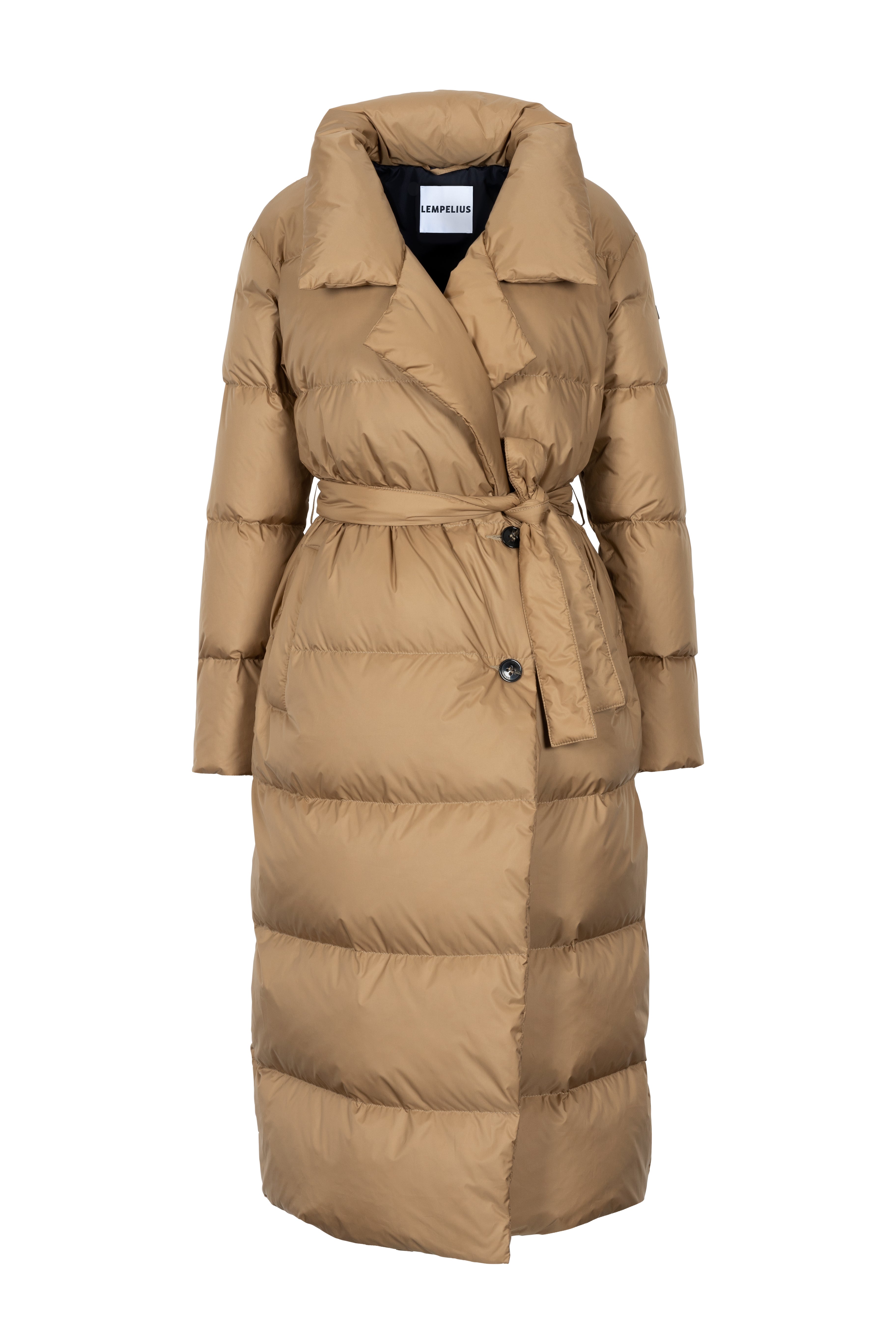 Long belted Lempelius down coat in the color biscuit