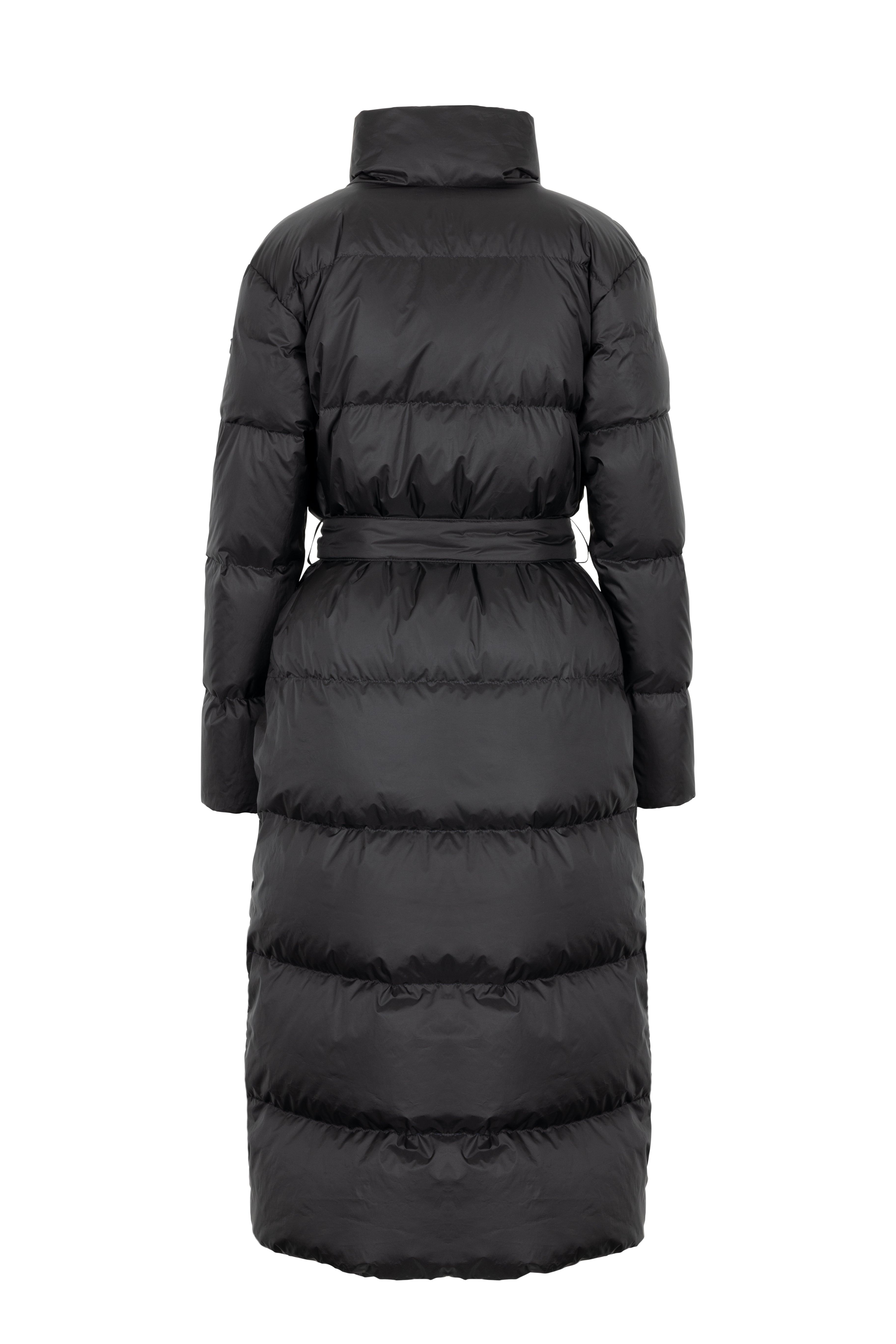 Long belted Lempelius down coat in the color black