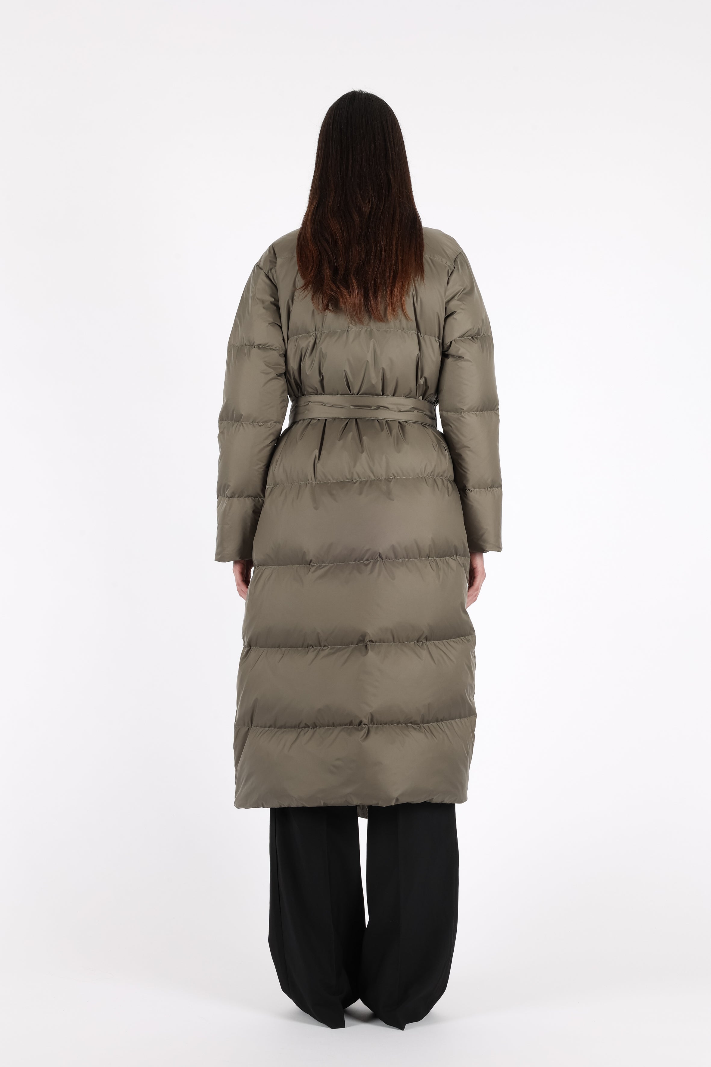 Long belted Lempelius Downcoat in the color olive