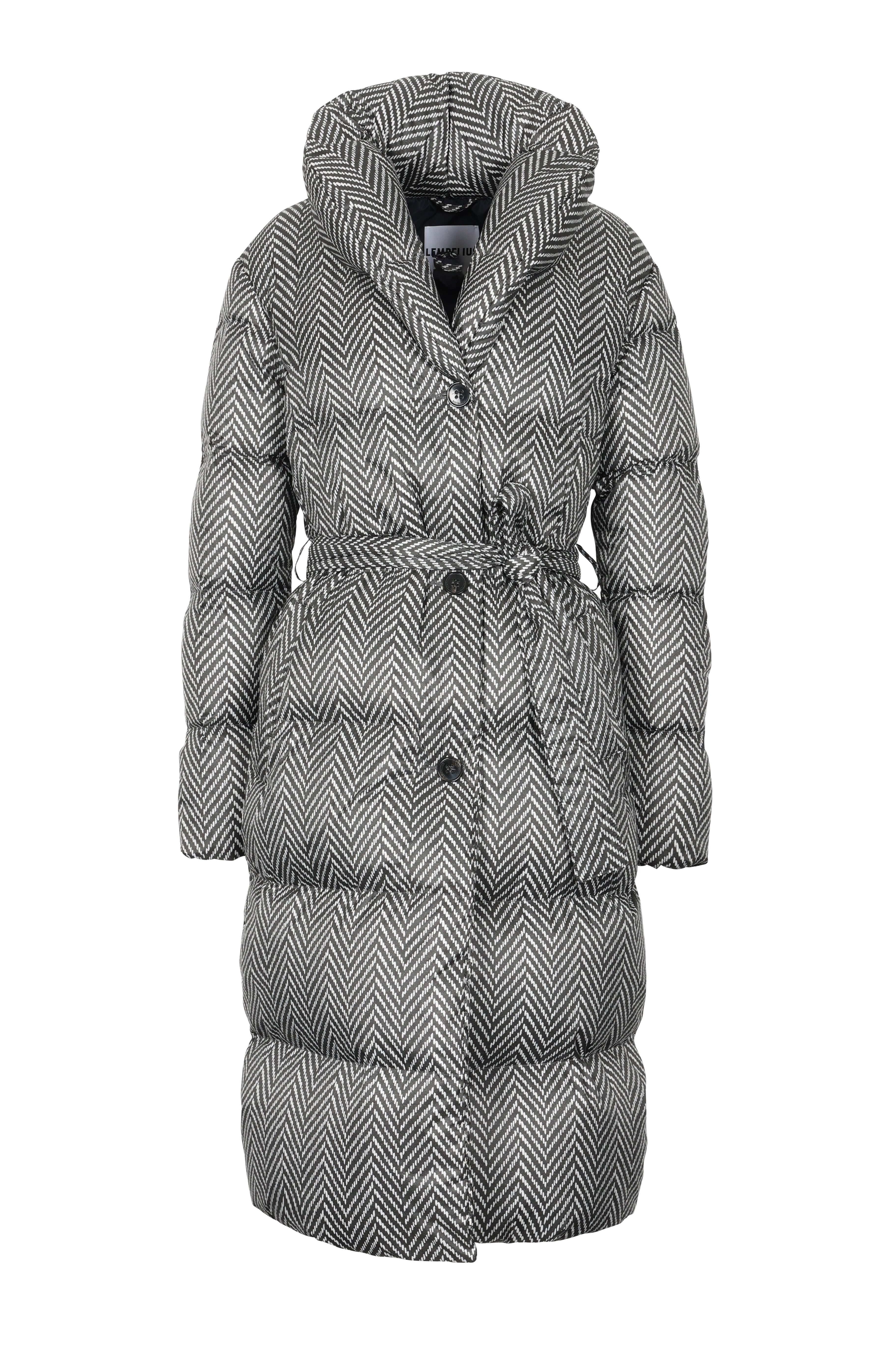 Lempelius belted down coat with shawl collar with herringbone print