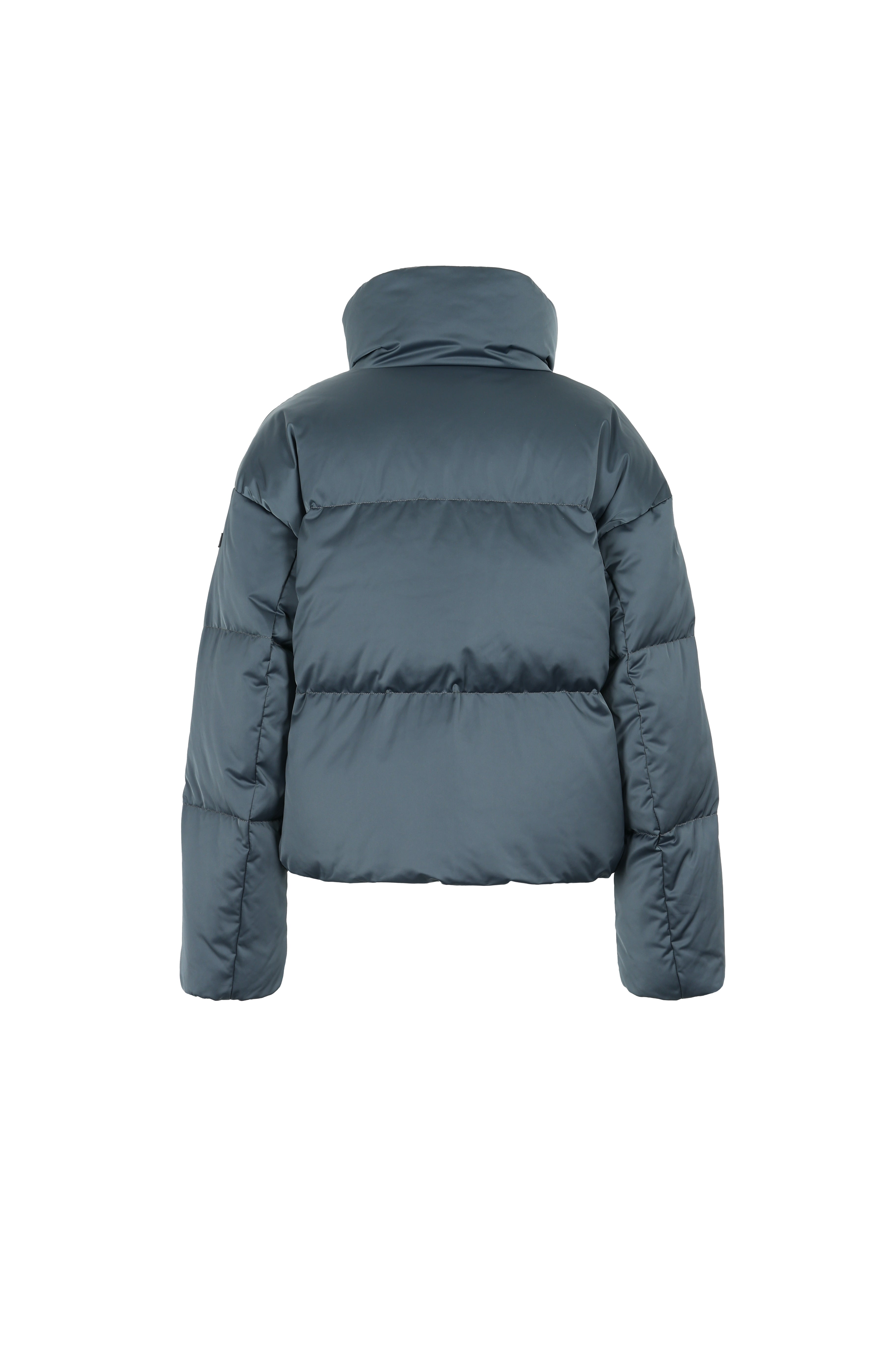 short down puffer in graphite blue 