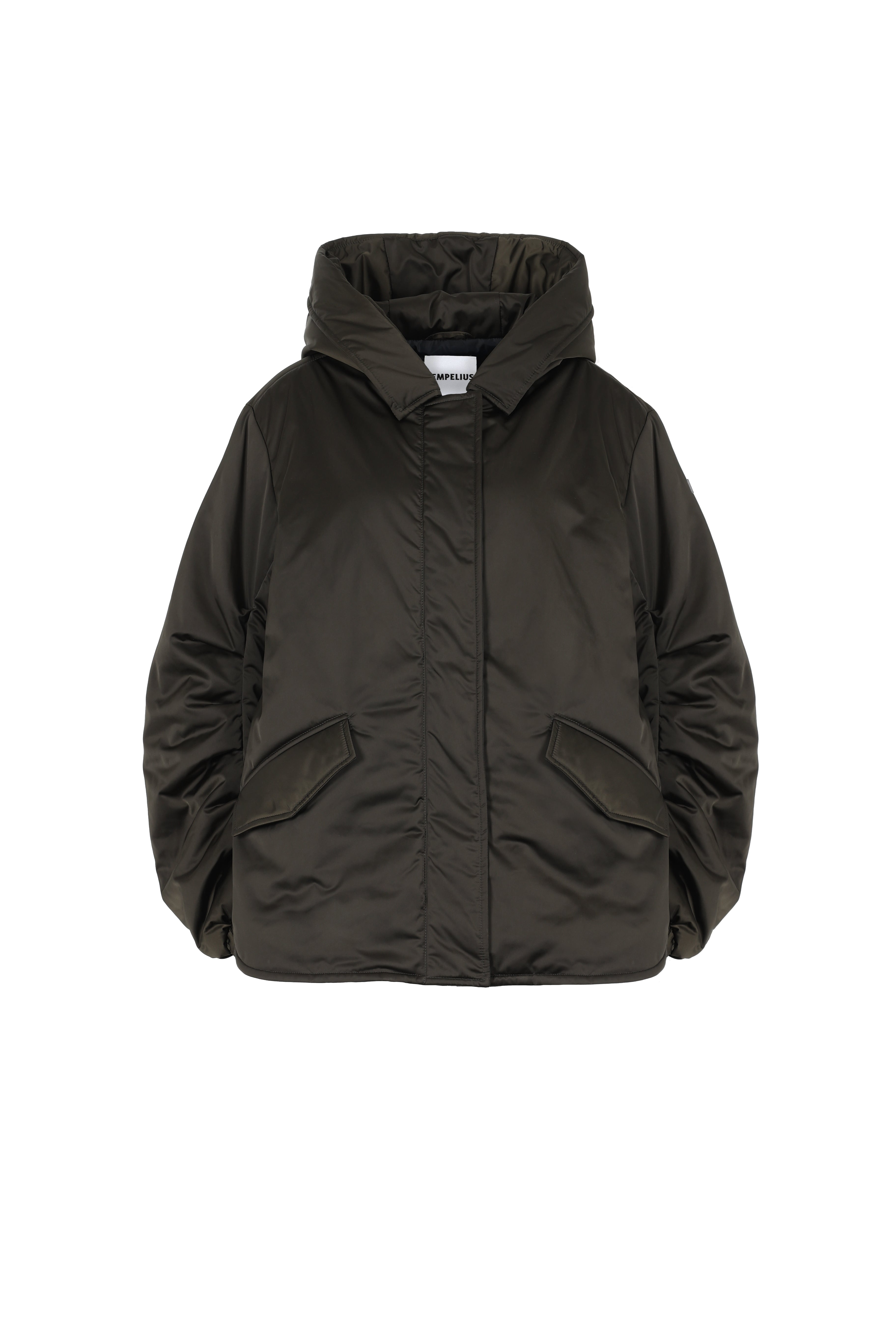 hooded LEMPELIUS satin padded lightweight parka in dark olive