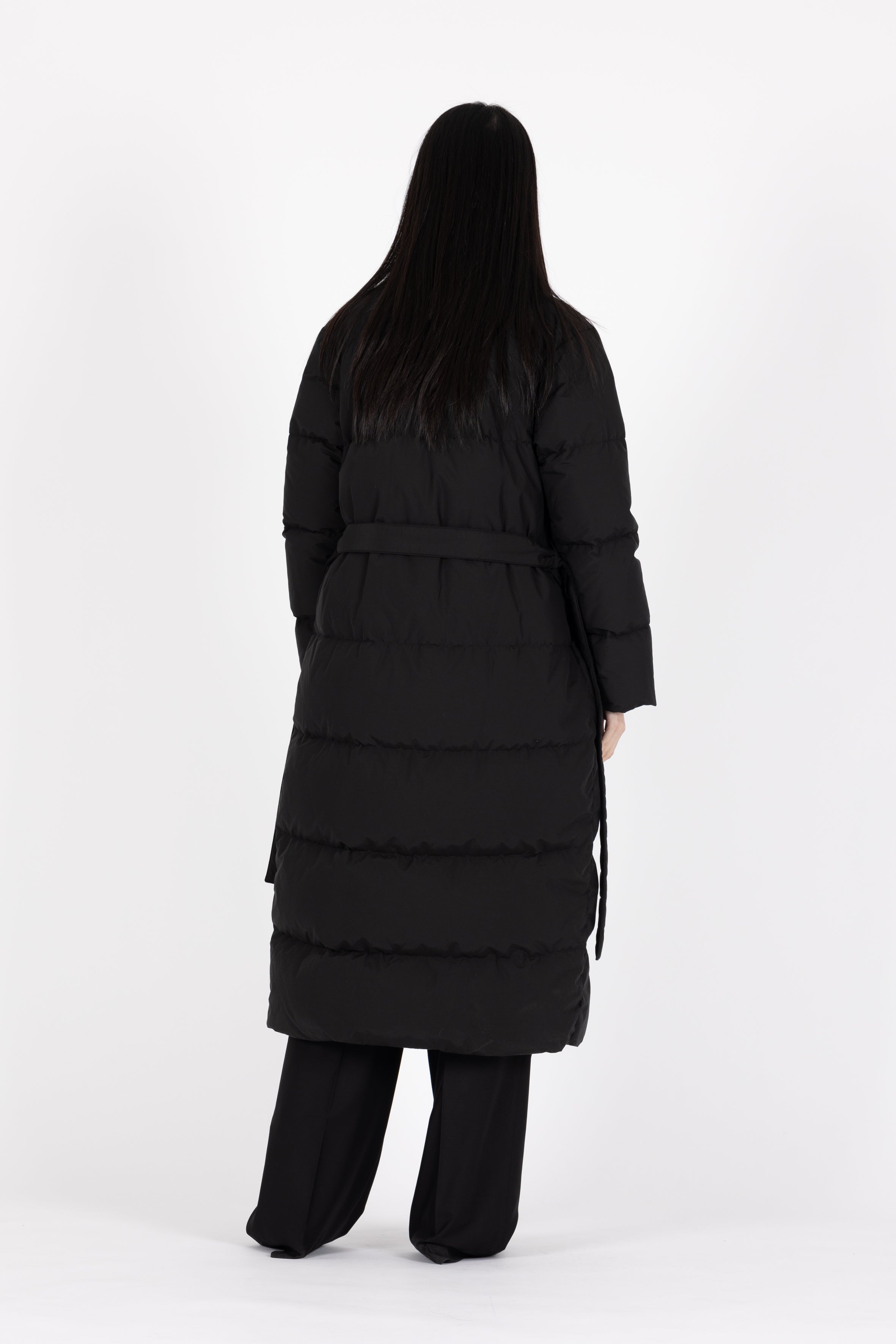 Long belted Lempelius Downcoat in the color black 