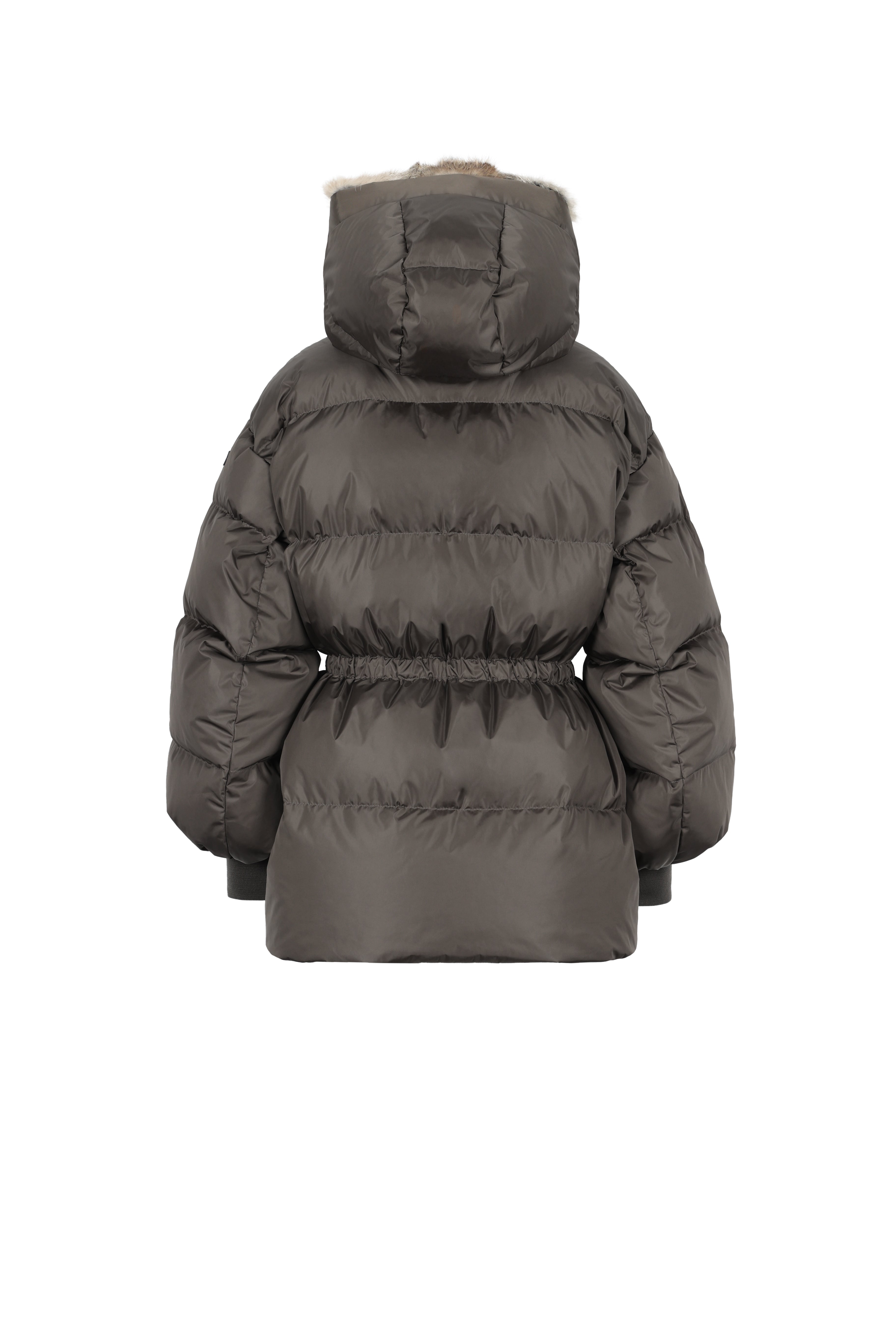 rabbit fur hooded LEMPELIUS short down jacket in foggy green with cotton cuffs fitted at the waist form the back 