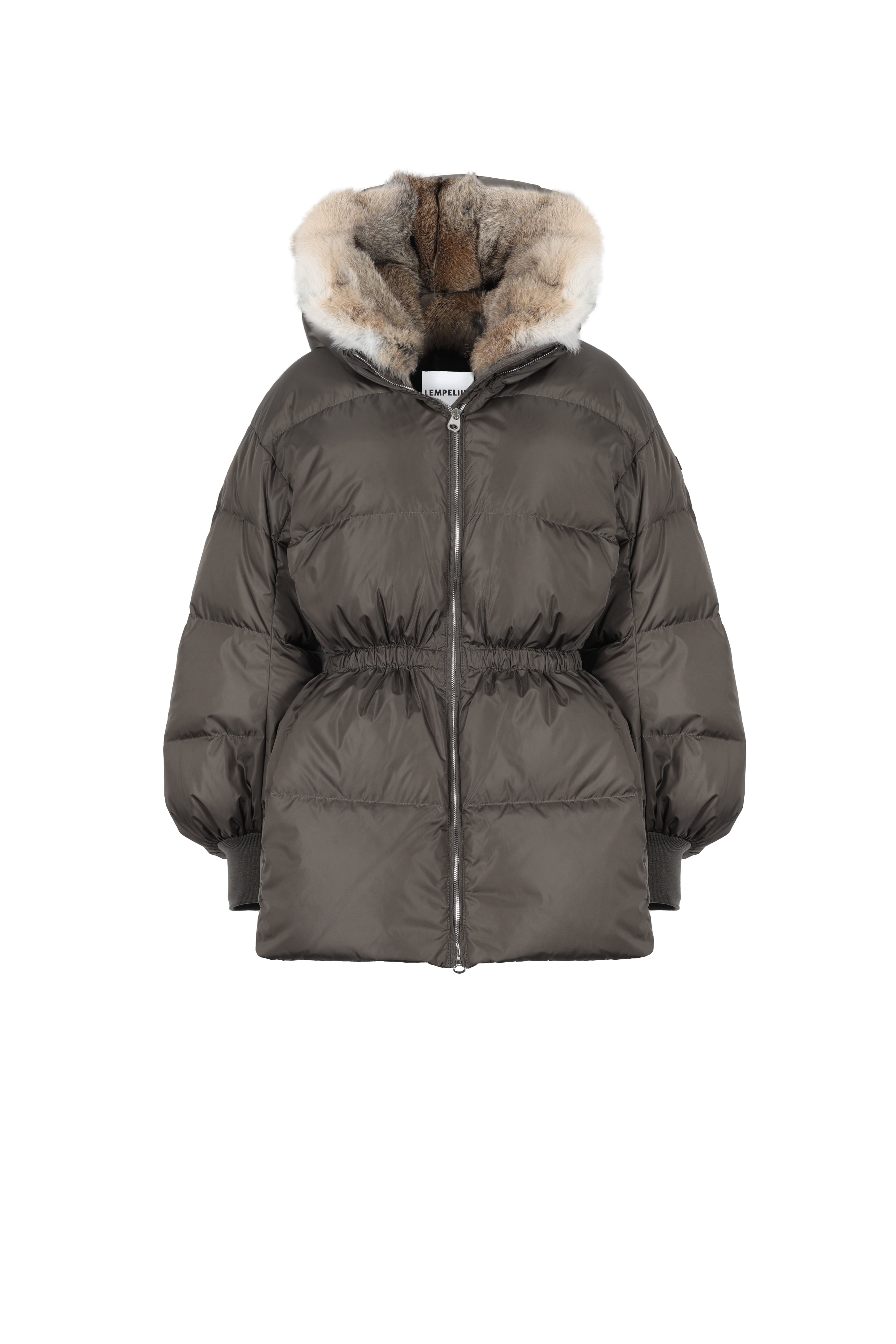 rabbit fur hooded LEMPELIUS short down jacket in foggy green with cotton cuffs fitted at the waist form the front 