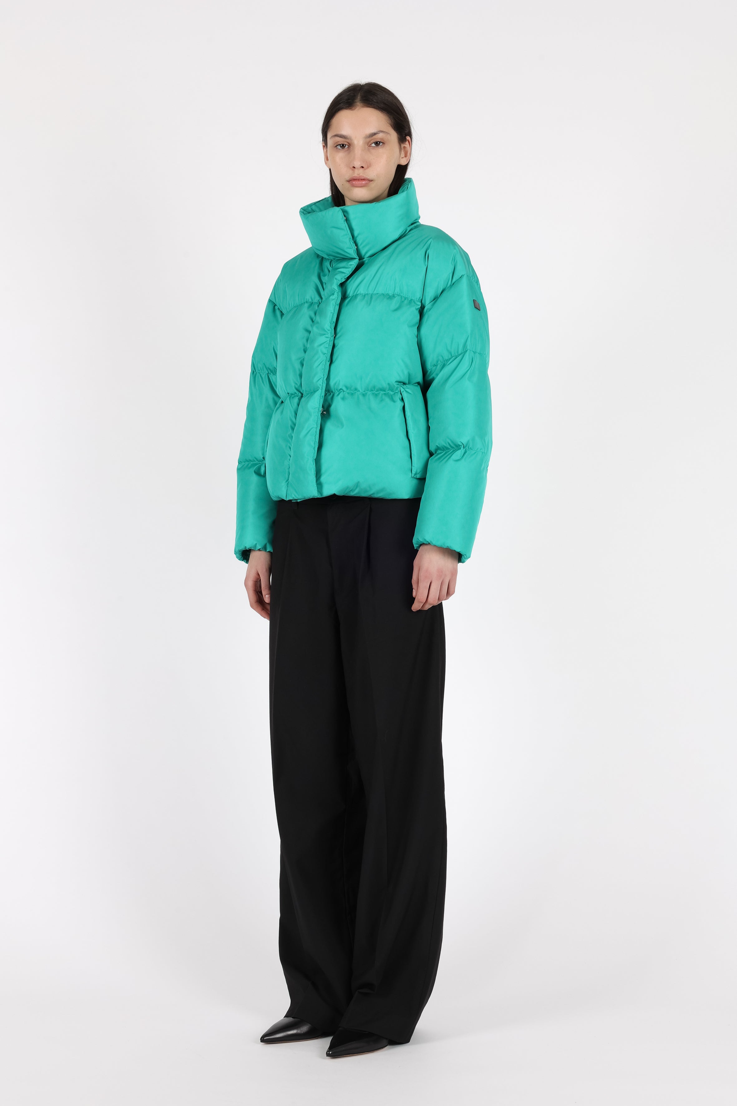 short down puffer in eclectic green