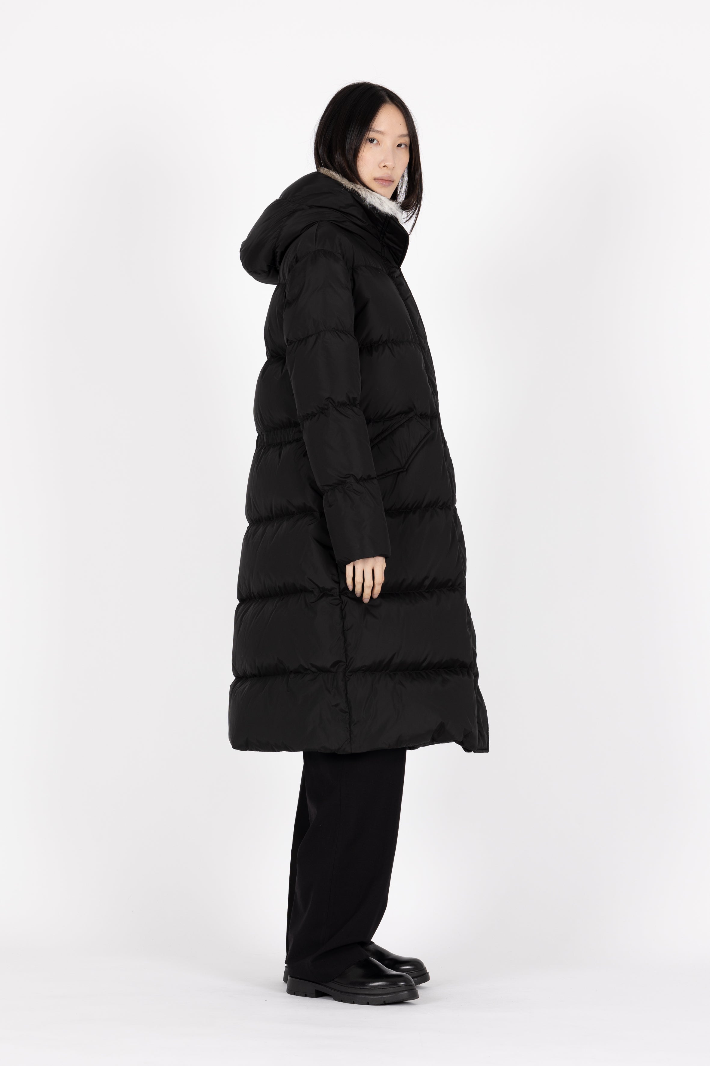 Long down coat in a dark color