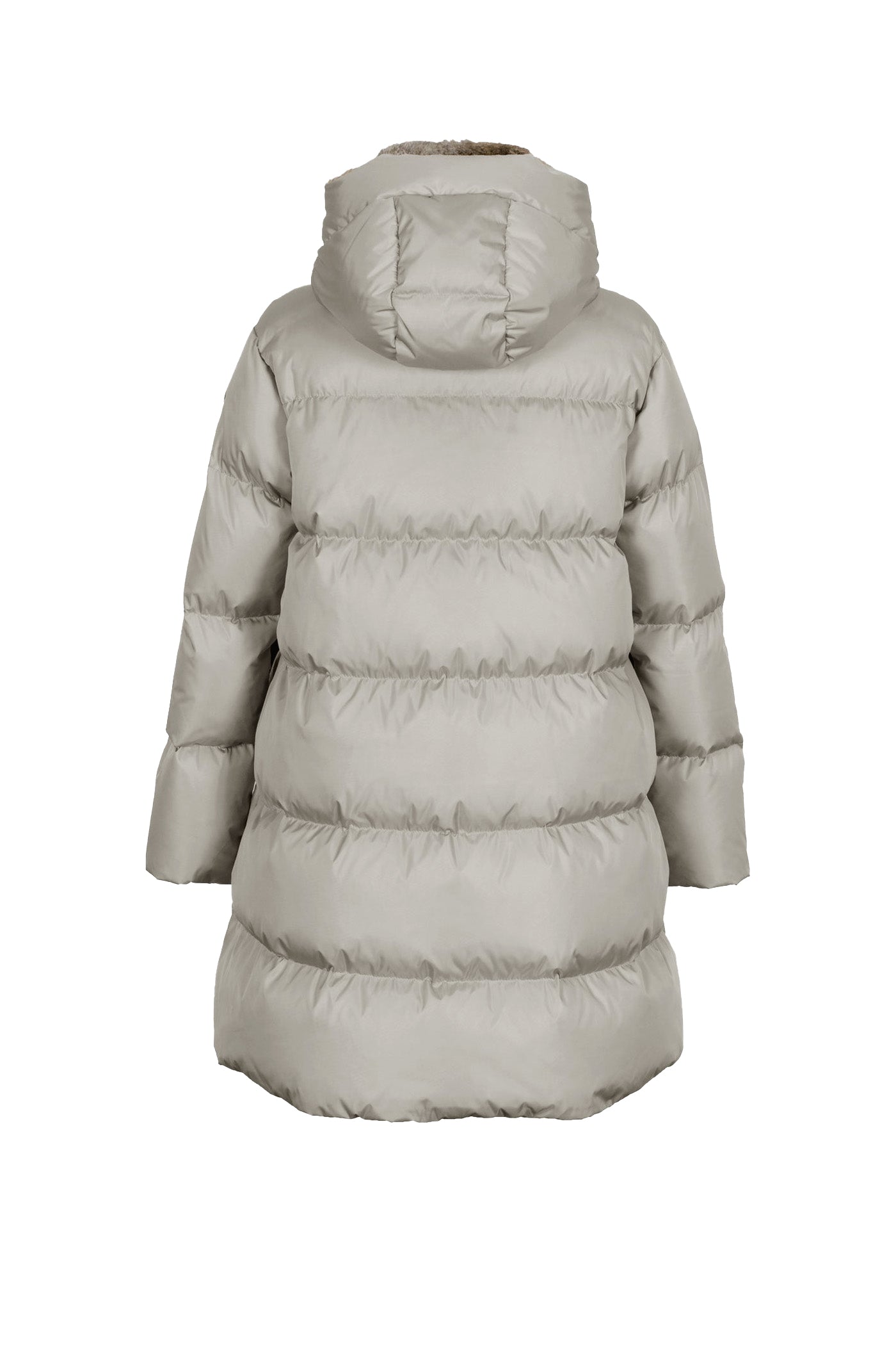 Minimal Lempelius down coat with rabbit fur hood in misty grey