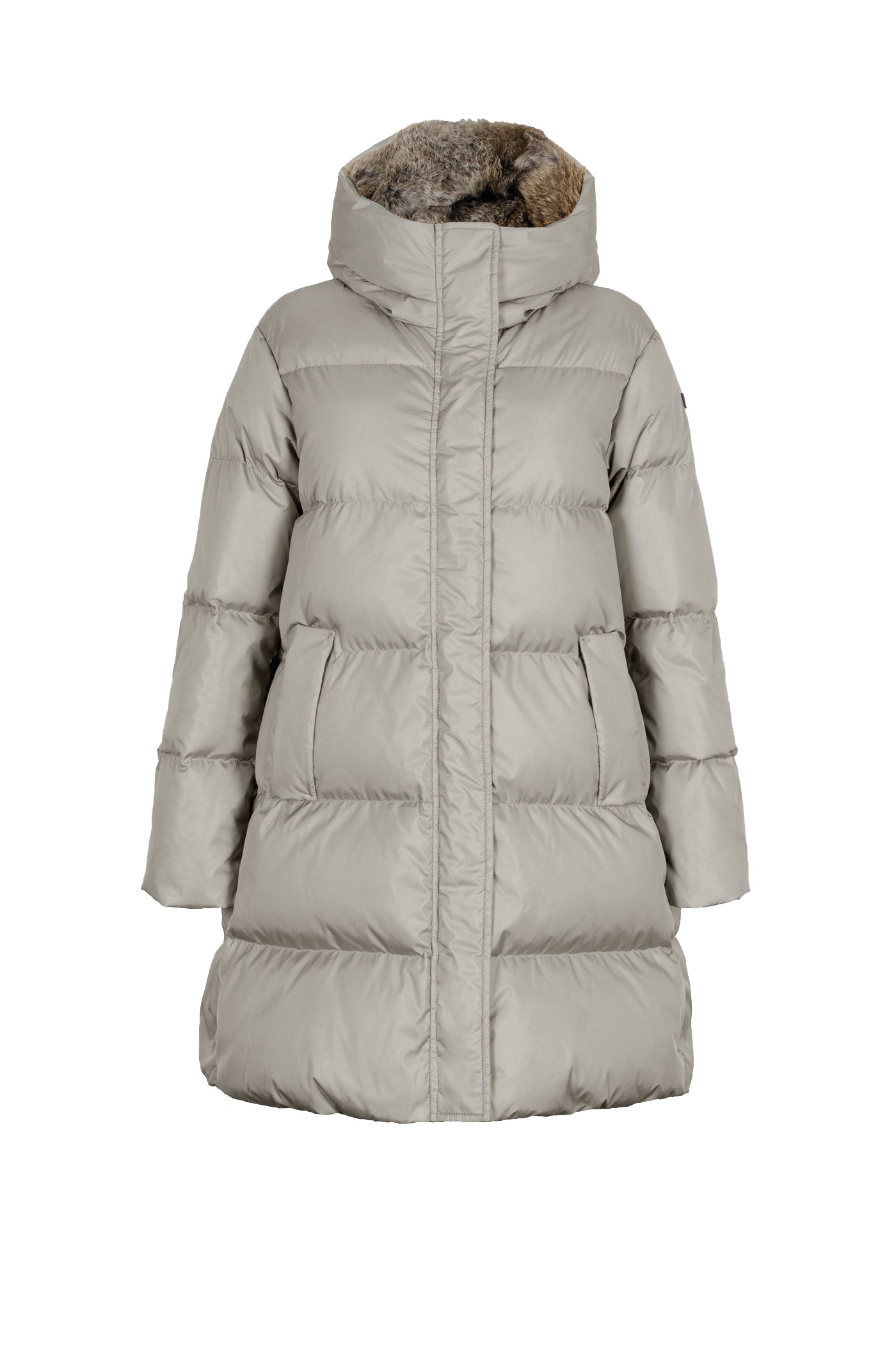 Minimal Lempelius down coat with rabbit fur hood in misty grey