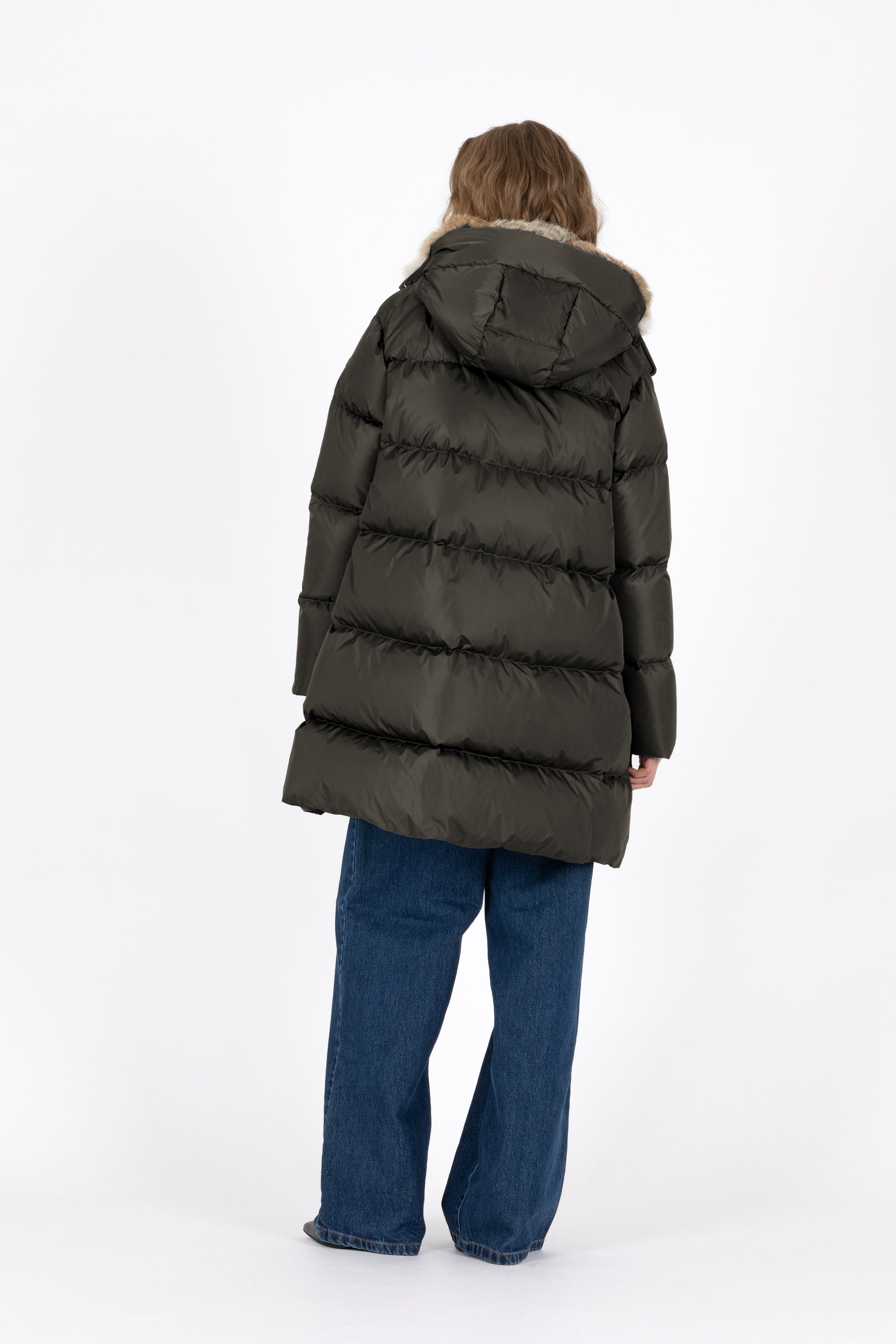 Minimal Lempelius down coat with rabbit fur hood