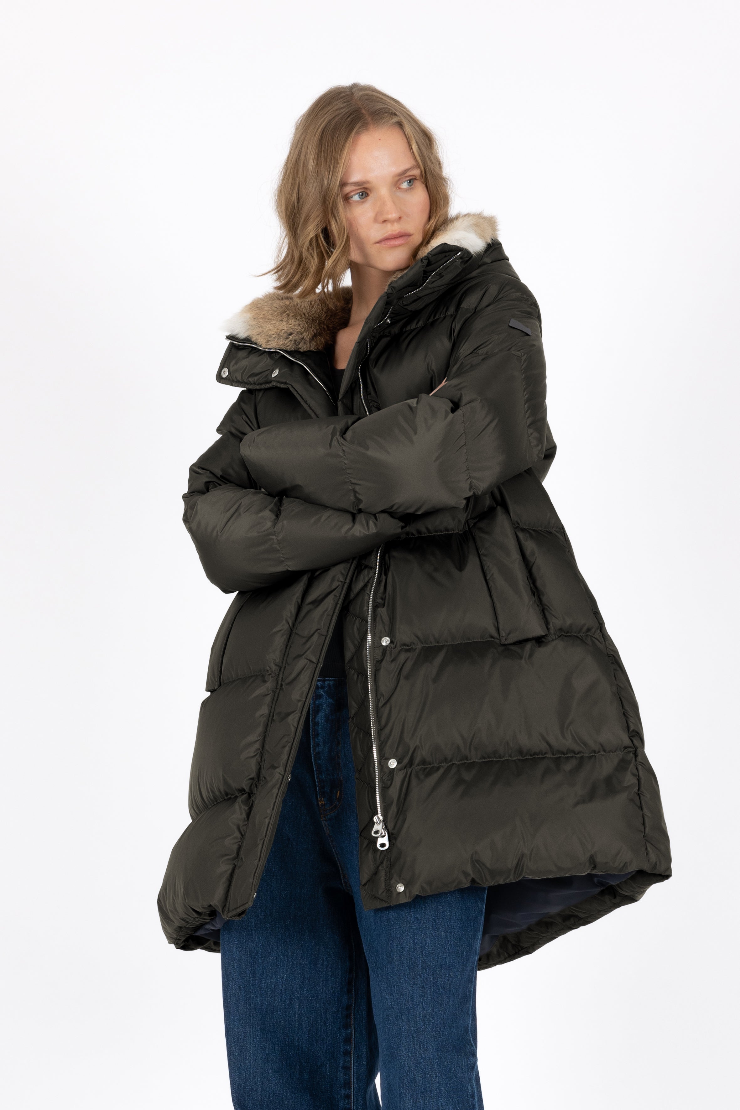 Minimal Lempelius down coat with rabbit fur hood