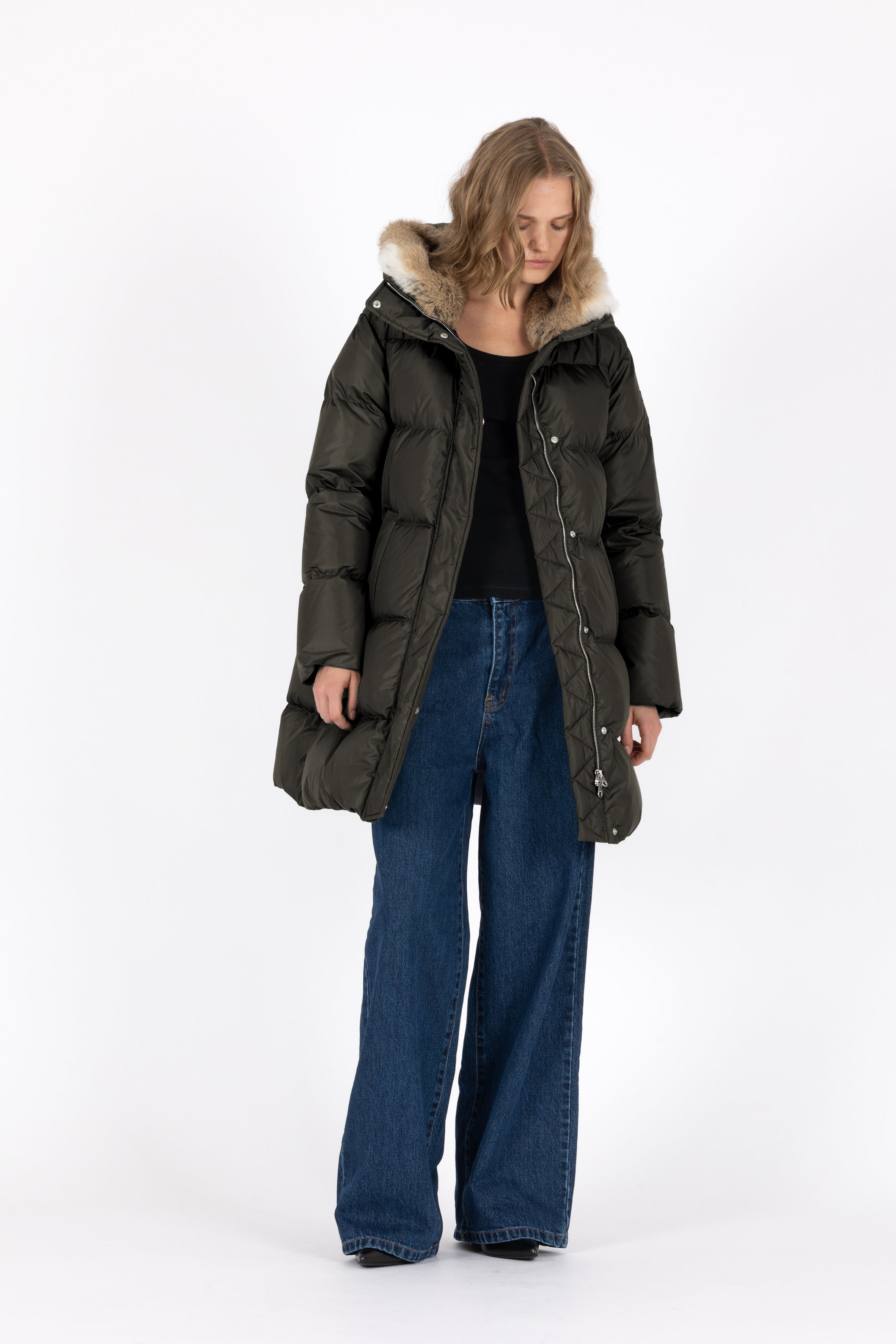 Minimal Lempelius down coat with rabbit fur hood