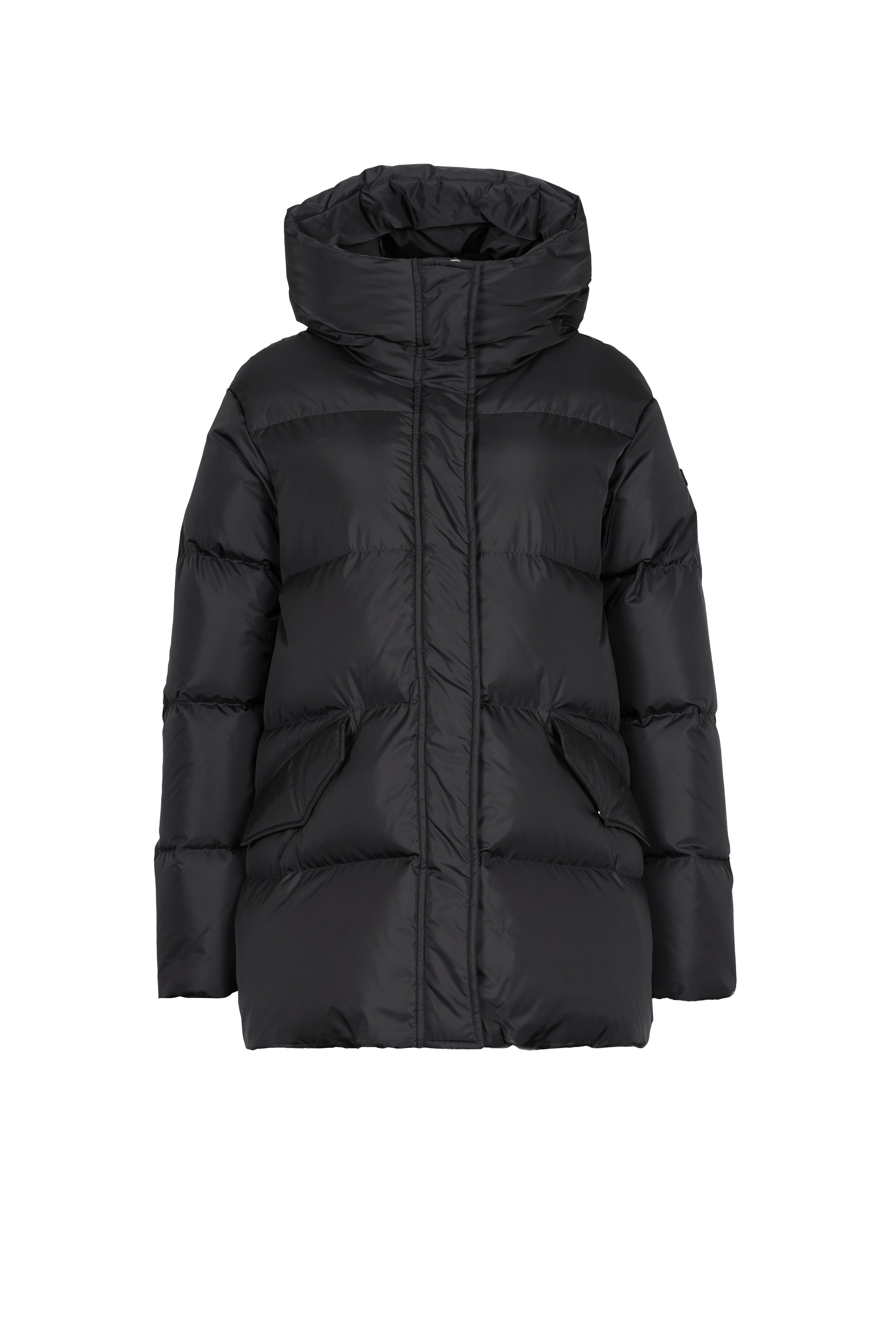 Short quilted down jacket with softly lined hood in black