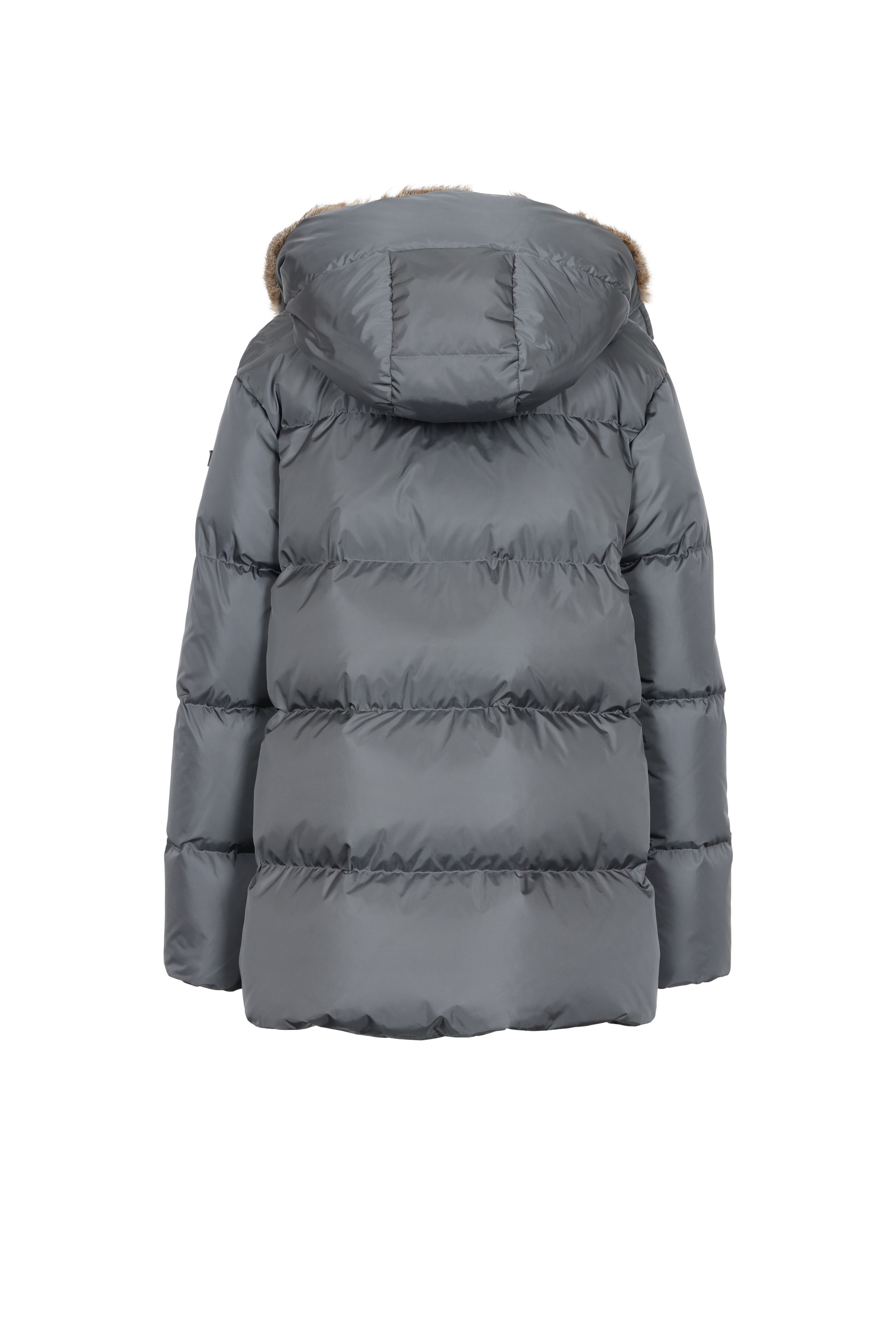Short quilted down jacket with softly lined rabbit fur hood