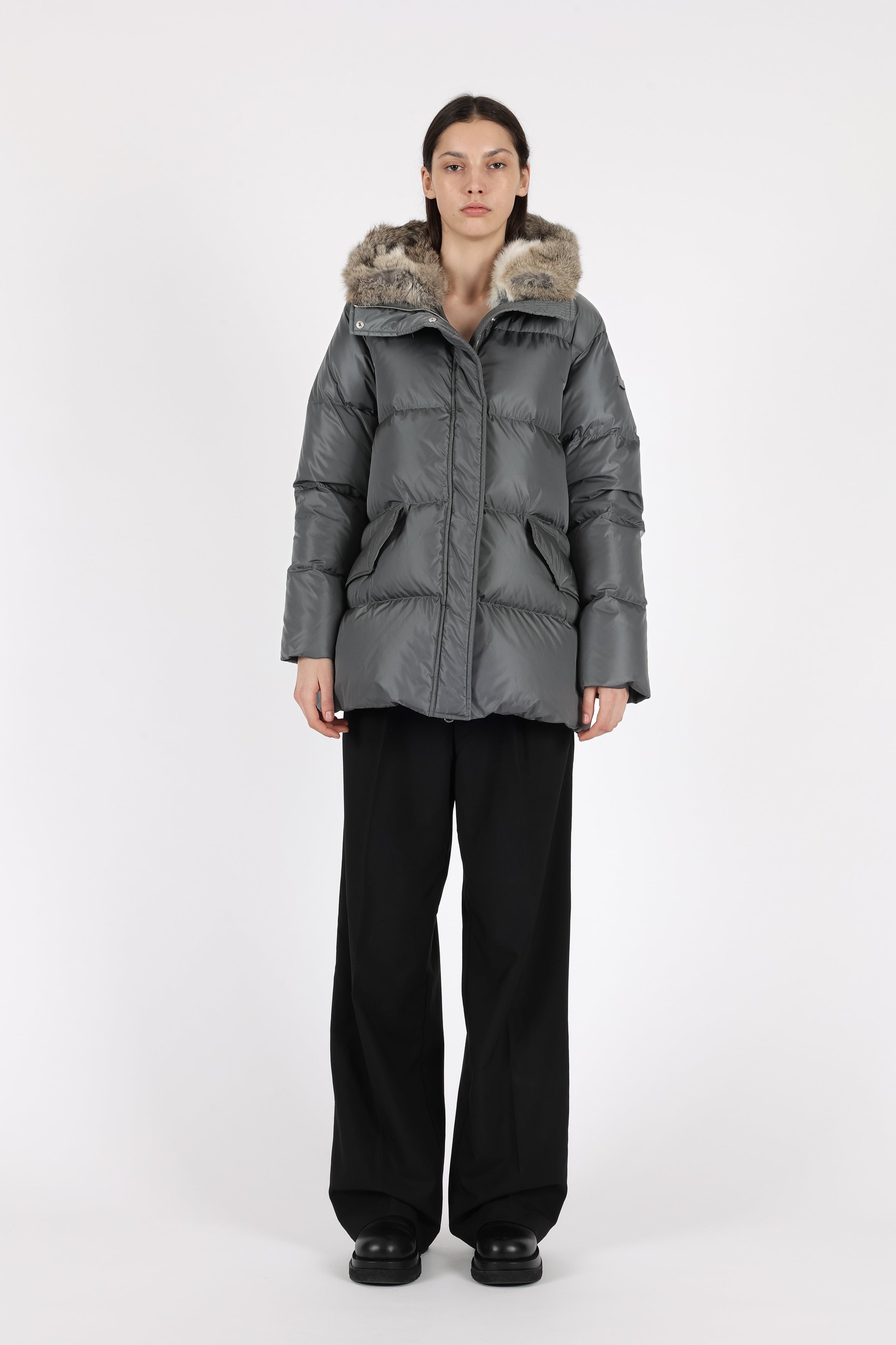 Short quilted down jacket with softly lined rabbit fur hood