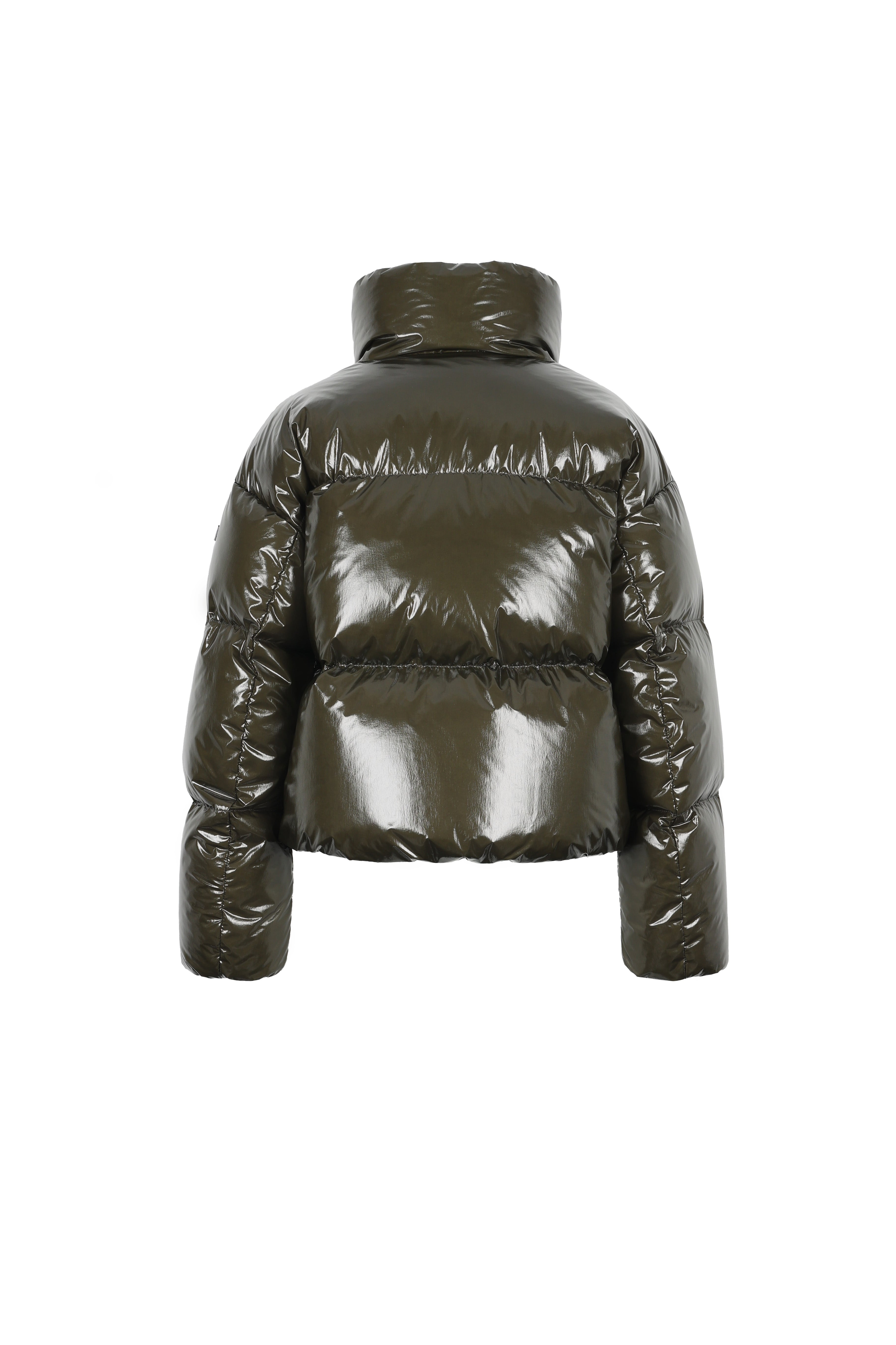 lacquered fabric short down puffer in dark olive back