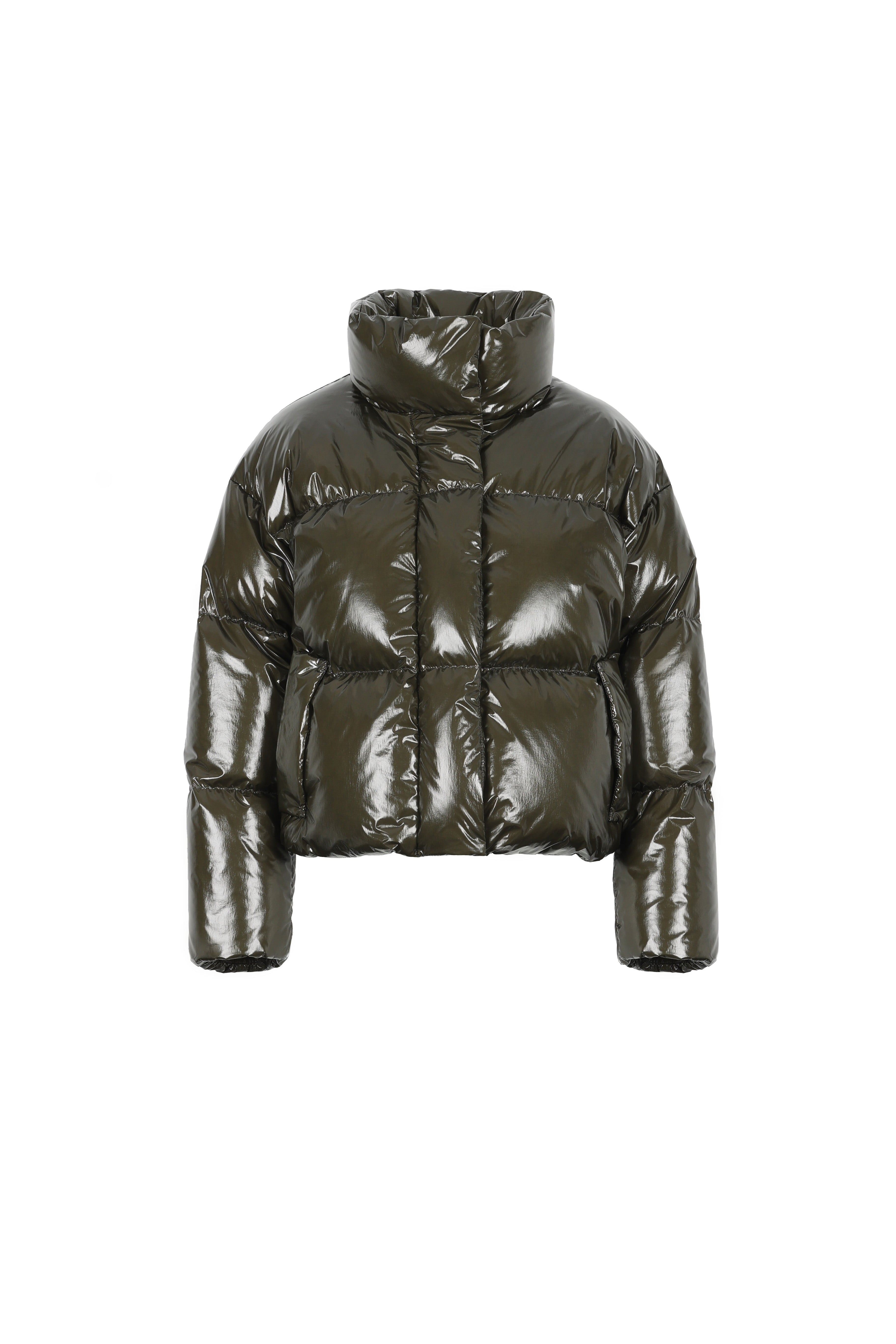 shiny LEMPELIUS short down puffer in dark olive 