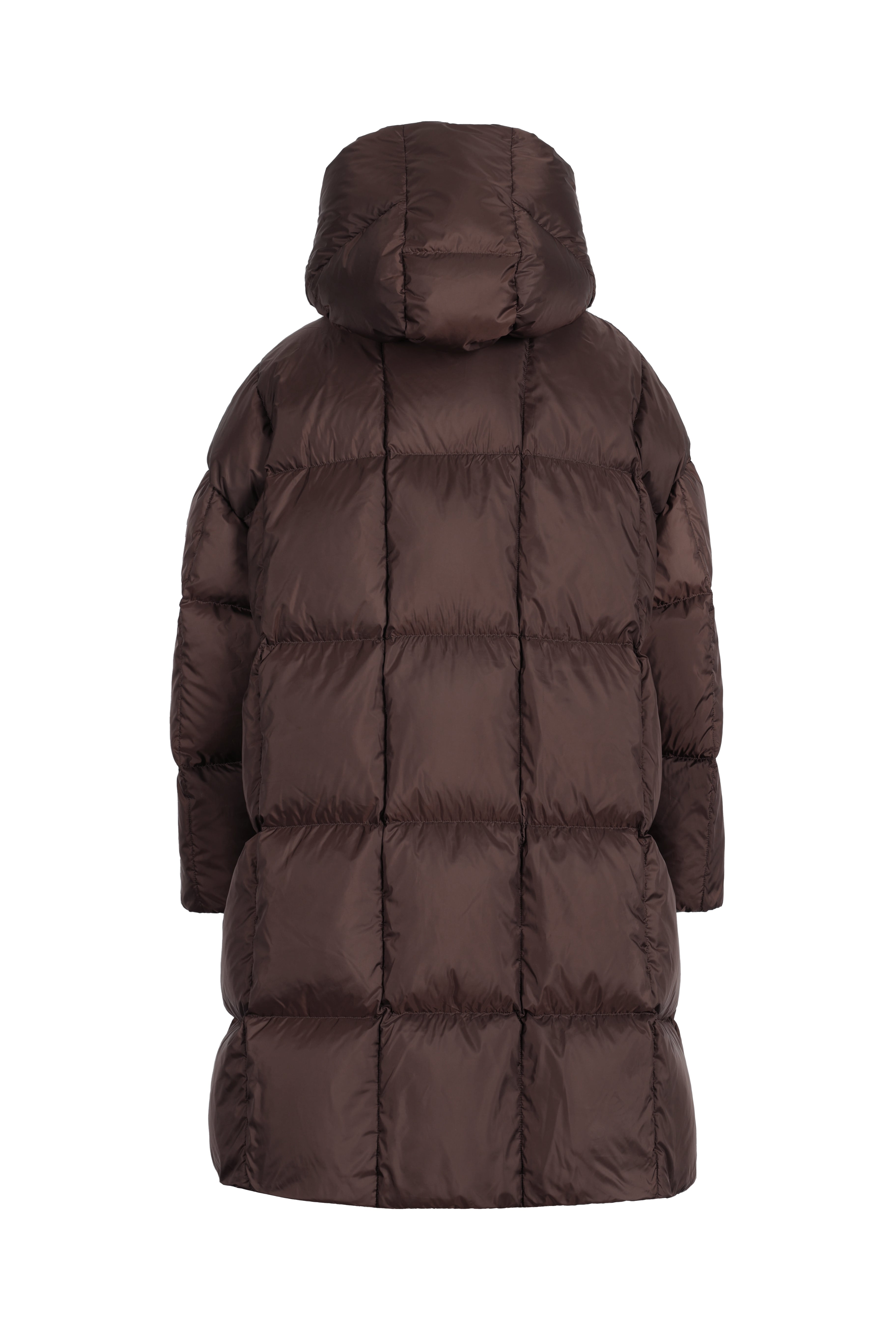 LEMPELIUS wrap down coat in chestnut brown matte nylon box pattern quilt