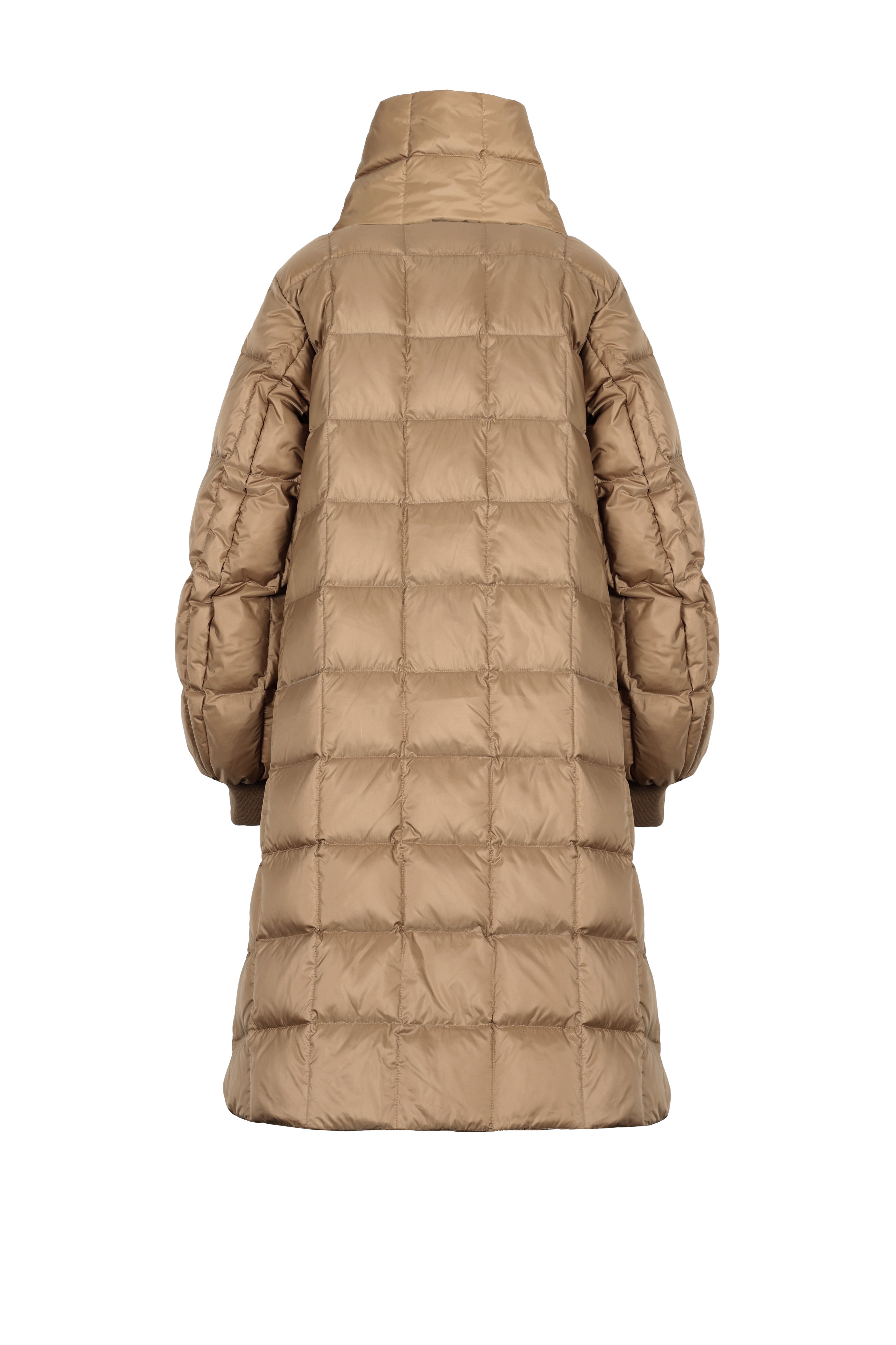 light brown oat colored lightweight LEMPELIUS down coat with box quilt, detachable down scarf and warm cotton cuffs from the back