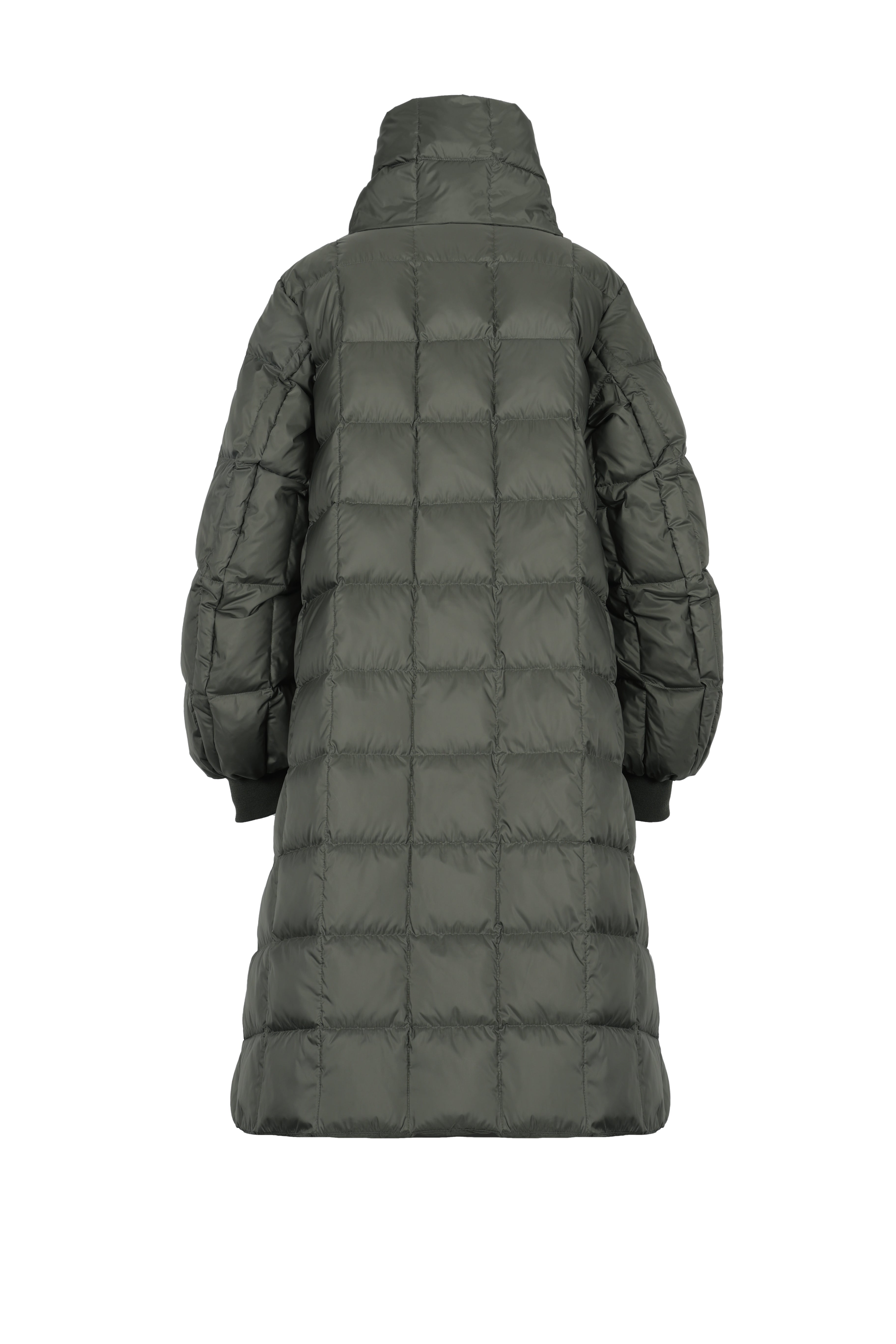 box quilted lightweight down coat jacket LEMPELIUS with cozy cotton cuffs and detachable down scarf in muted green from the back