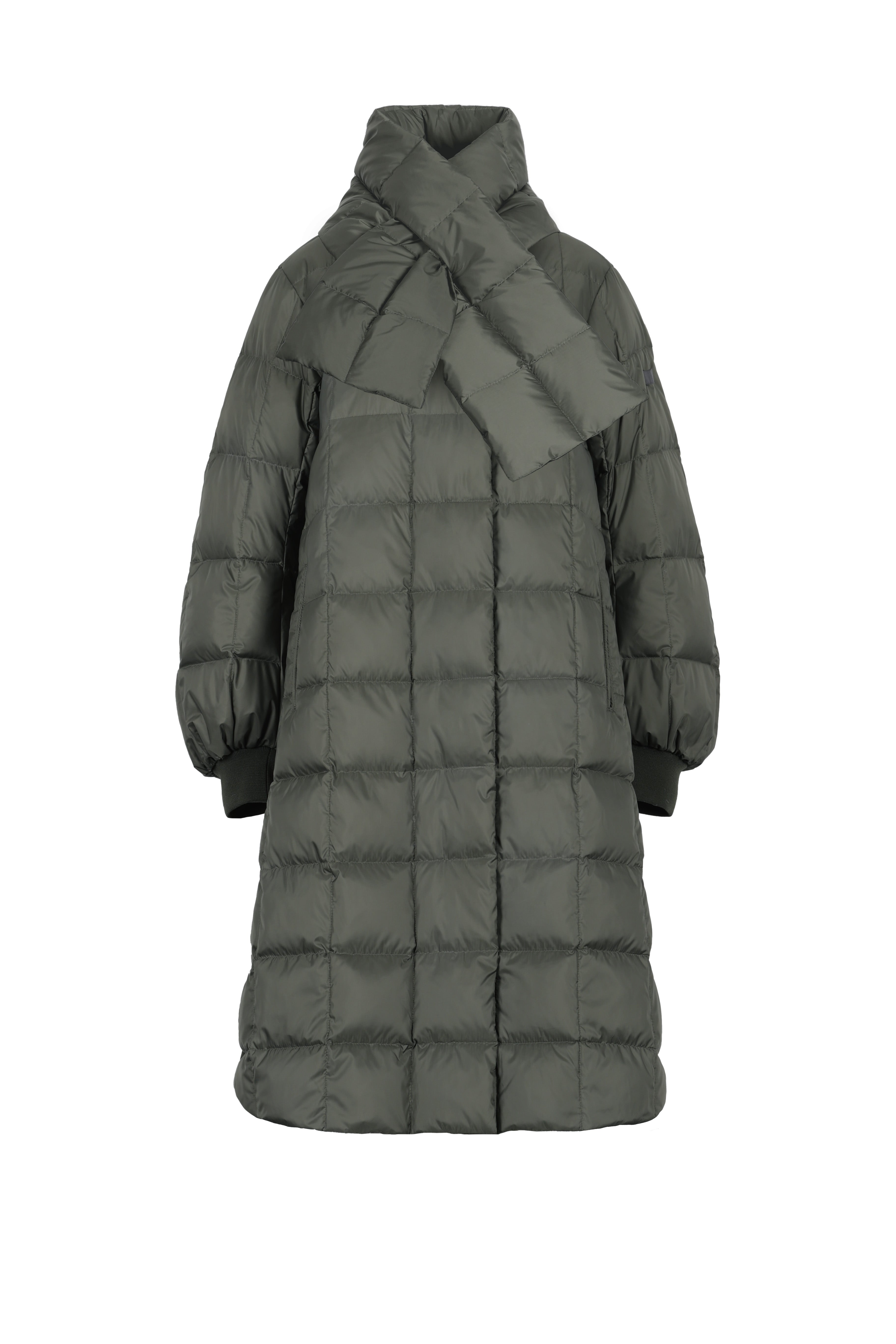 box quilted lightweight down coat jacket LEMPELIUS with cozy cotton cuffs and detachable down scarf in muted green