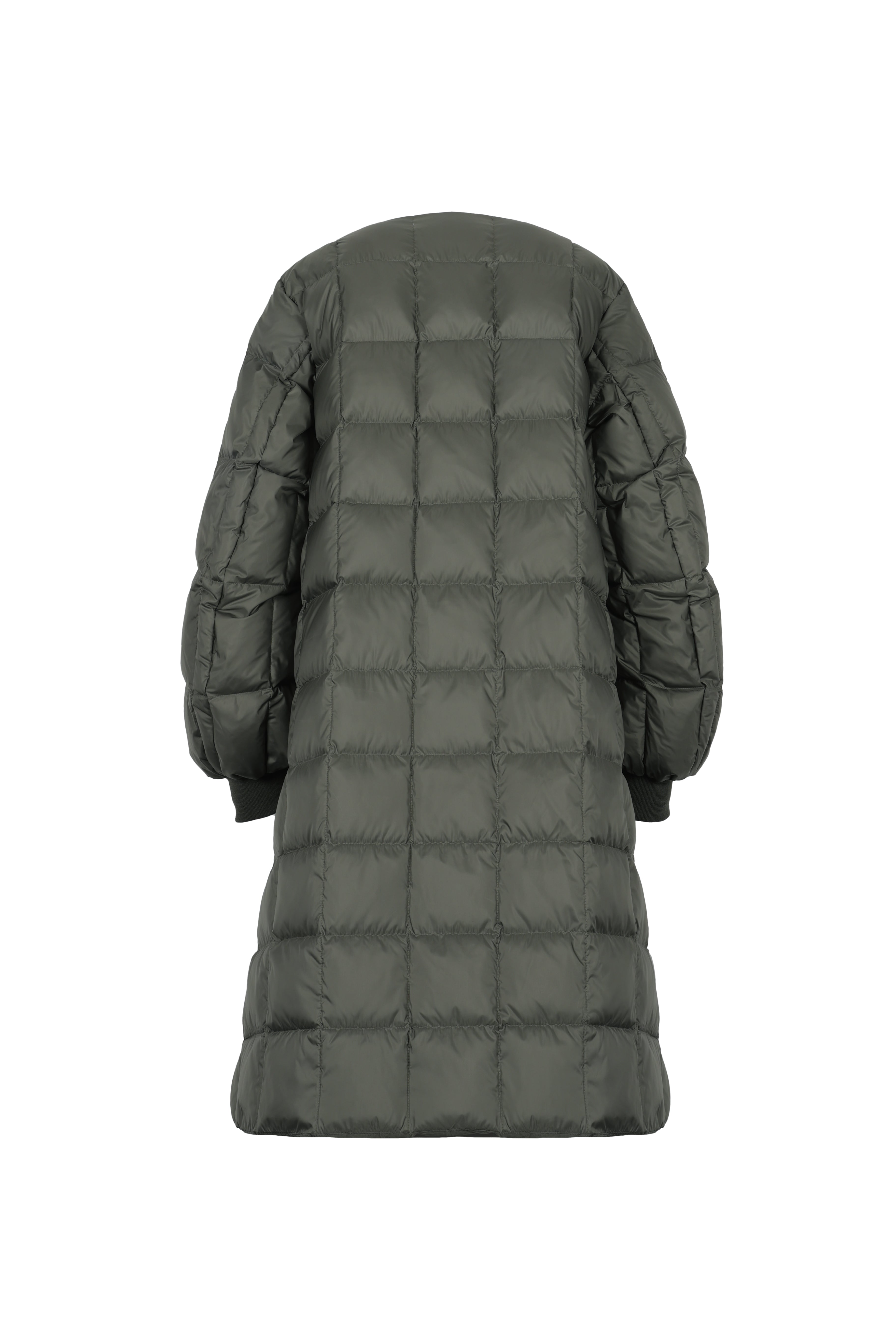 box quilted lightweight down coat jacket LEMPELIUS with cozy cotton cuffs and in muted green from the back