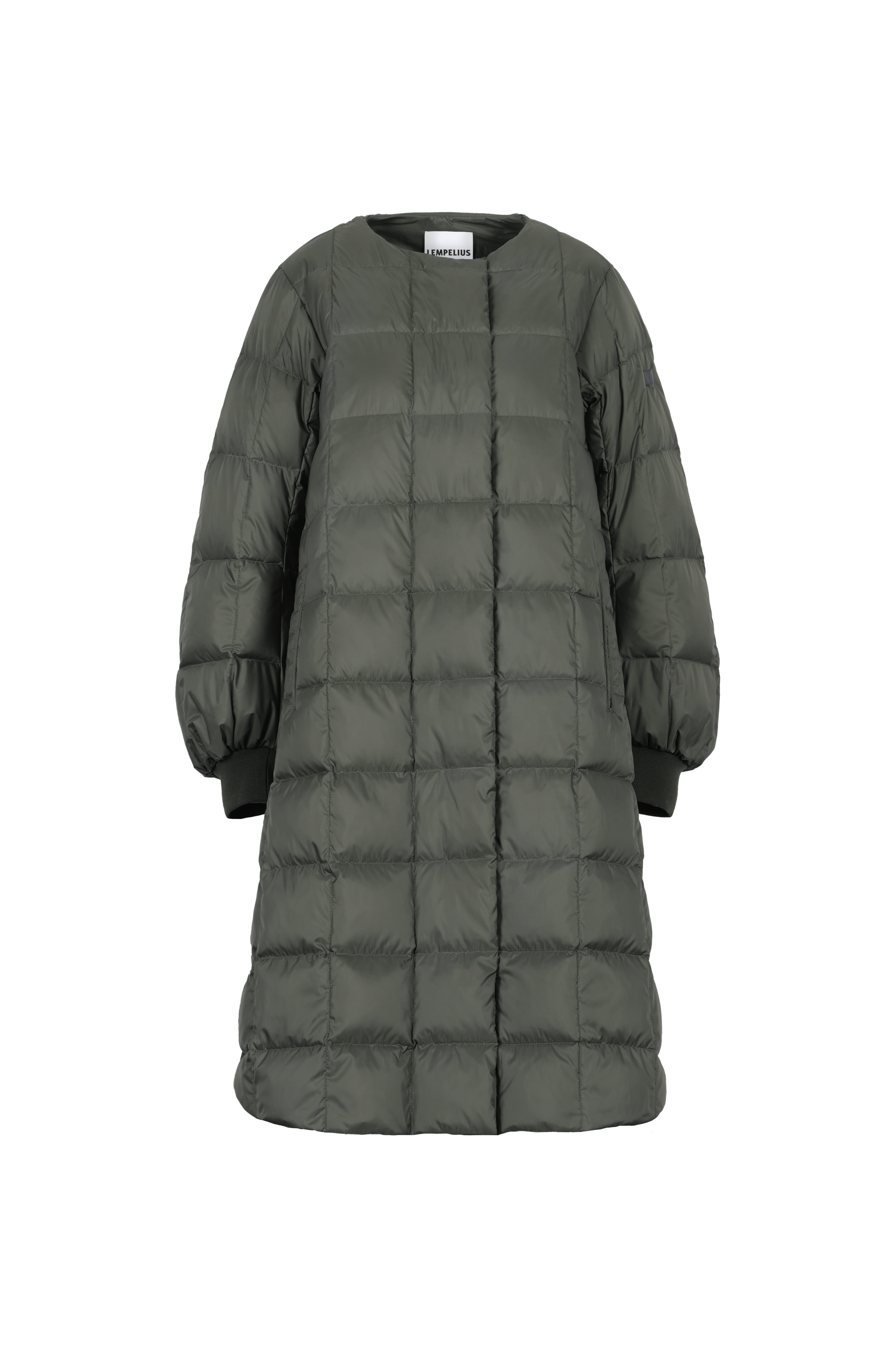 box quilted lightweight down coat jacket LEMPELIUS with cozy cotton cuffs in muted green