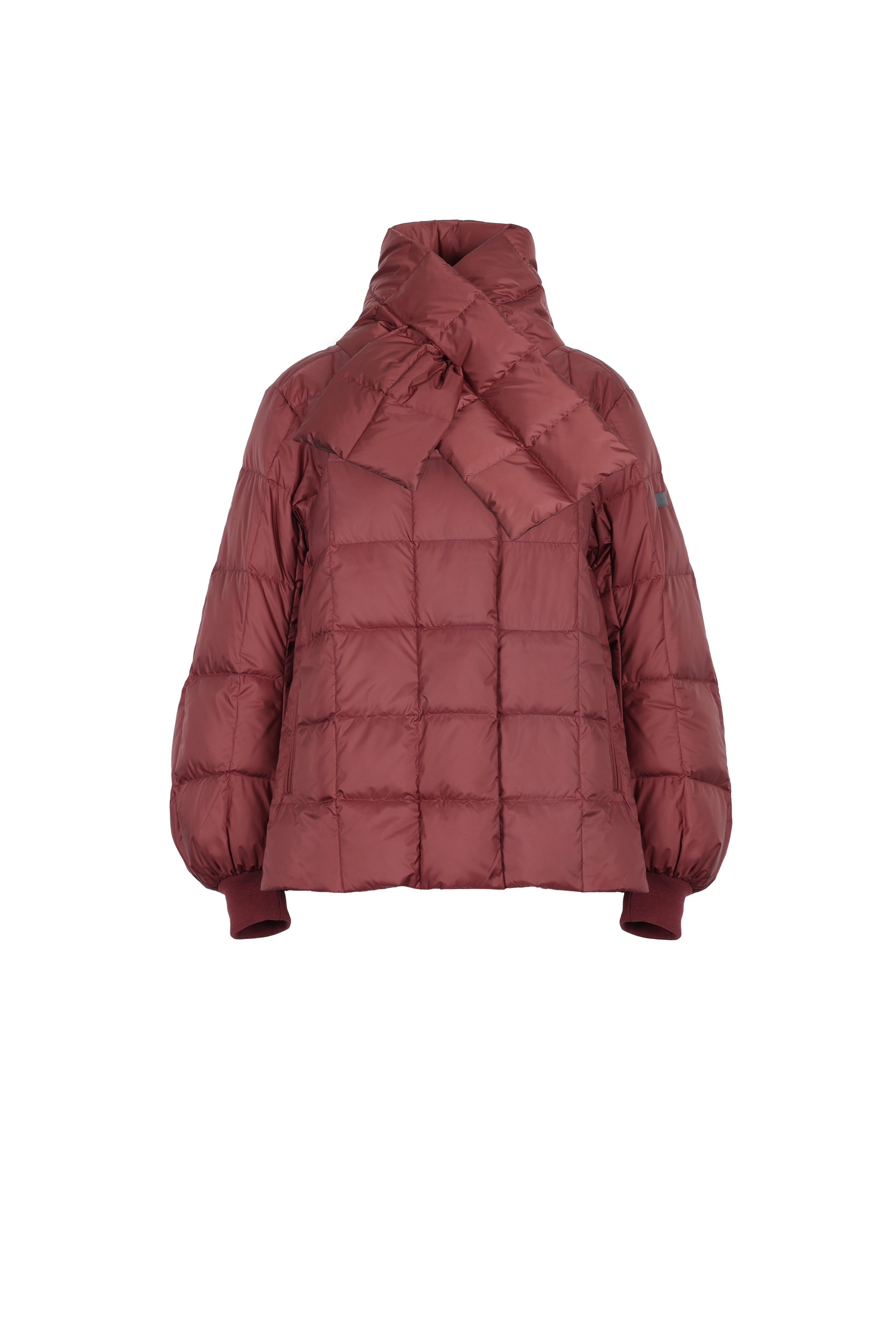 LEMPELIUS quilted lightweight jacket in rosewood with detachable down scarf in red and red cotton cuffs