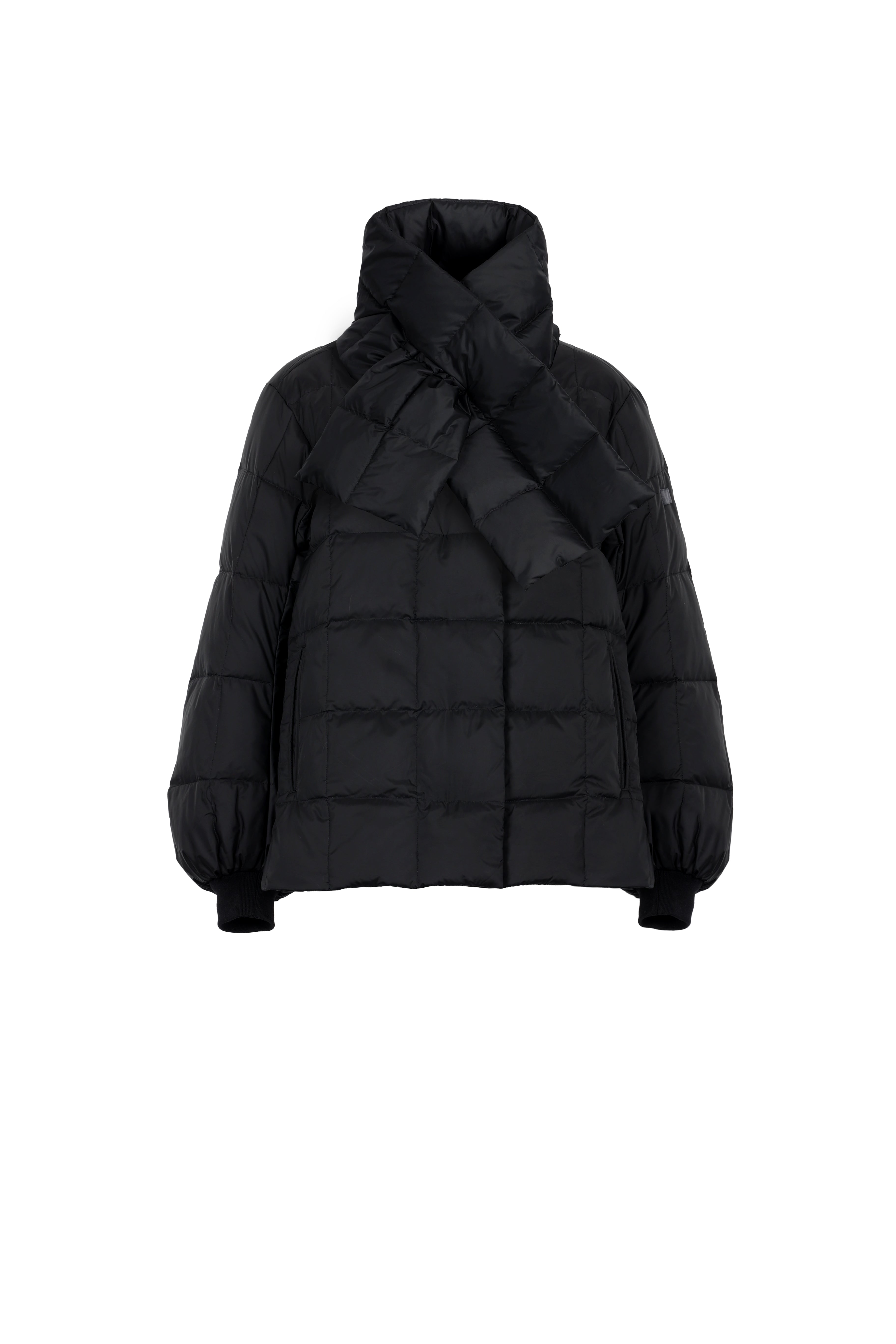 LEMPELIUS quilted lightweight jacket in black with cotton cuffs and detachable down filled scarf