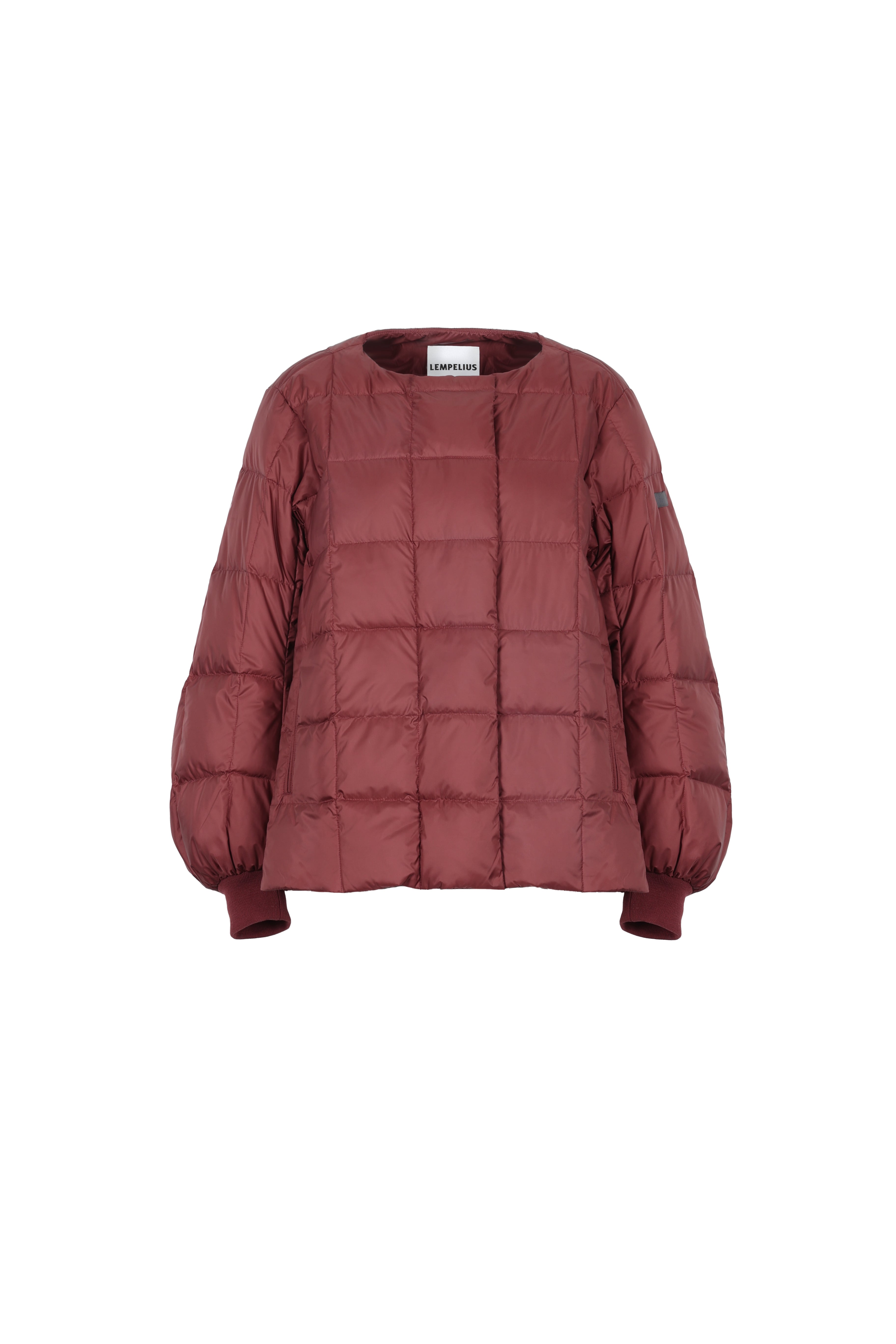 LEMPELIUS quilted lightweight jacket in rosewood with red cuffs and box quilt