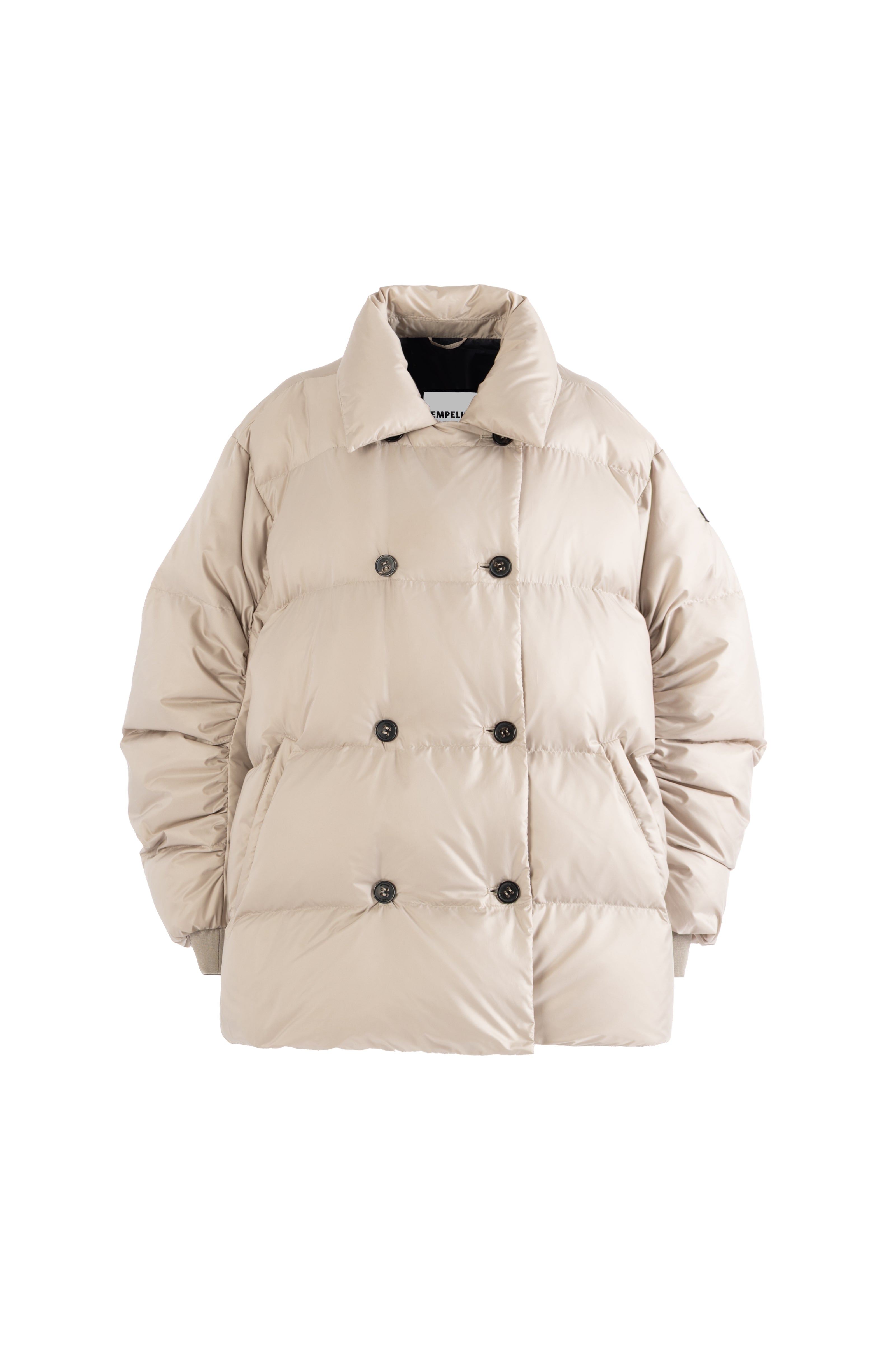 Beige puffer jacket with dark horn buttons on a white background
